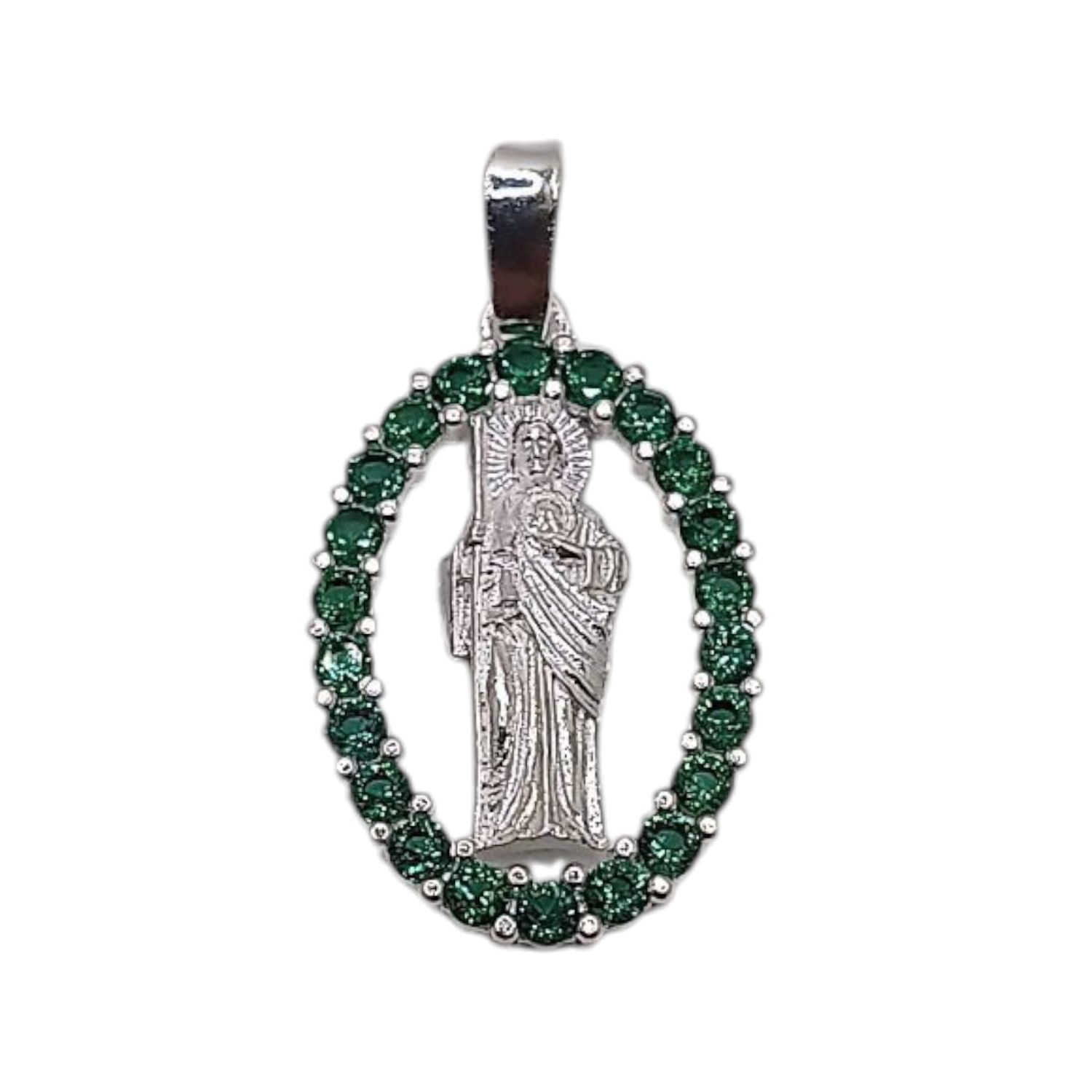 DIJE OVALADO SAN JUDAS T 2.5 CM , CZ VERDE, PLATA .925