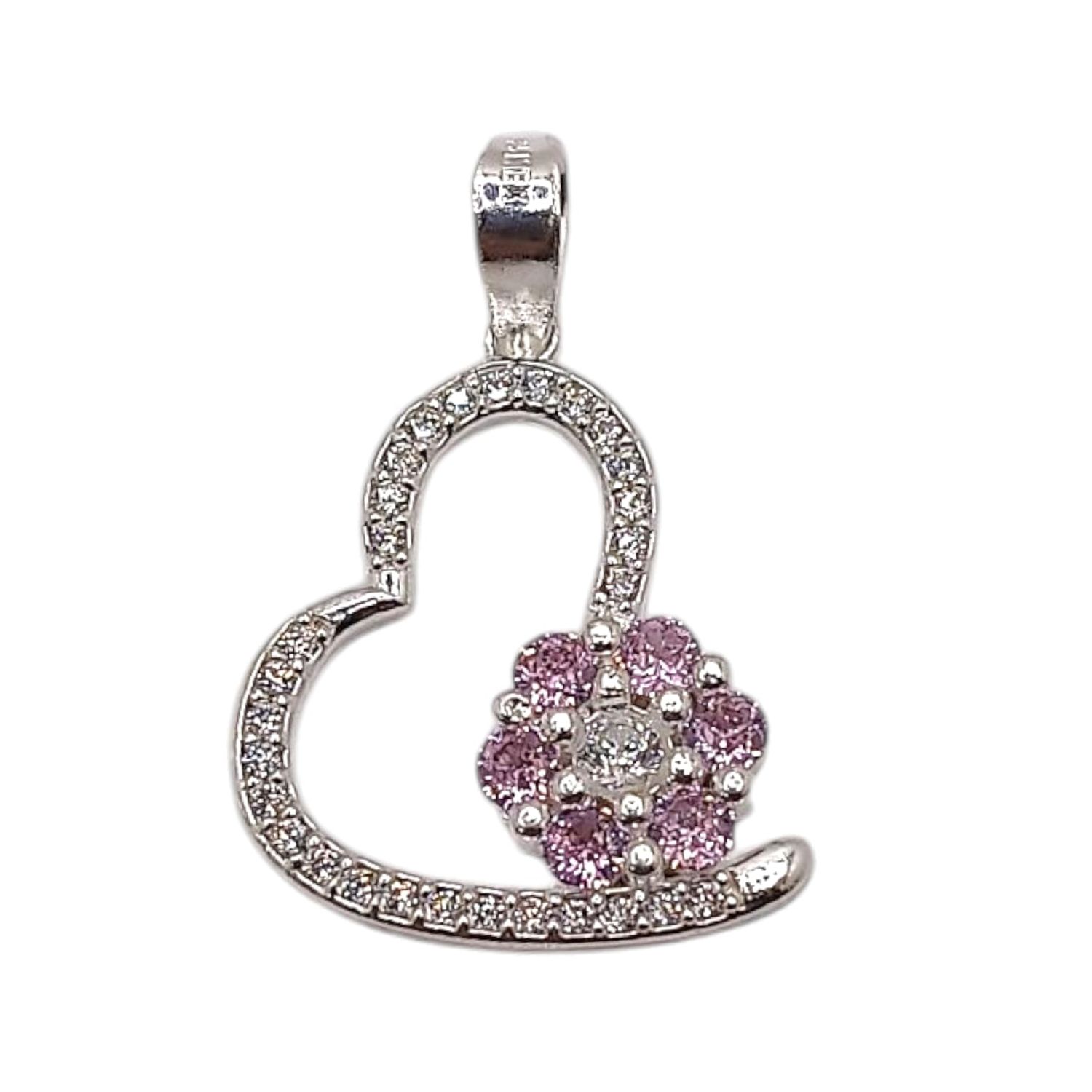 DIJE CORAZON CON FLOR ROSA 2 CM, PLATA .925