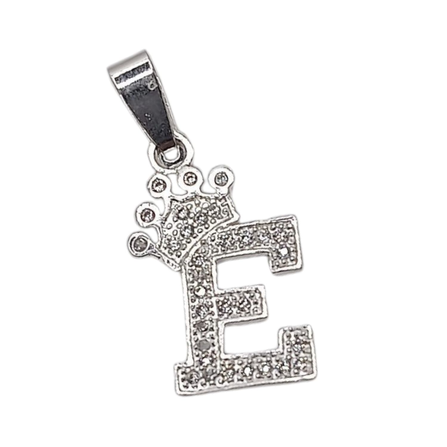 DIJE LETRA E CON CORONA Y MINI CZ, 2.5 CM, PLATA .925