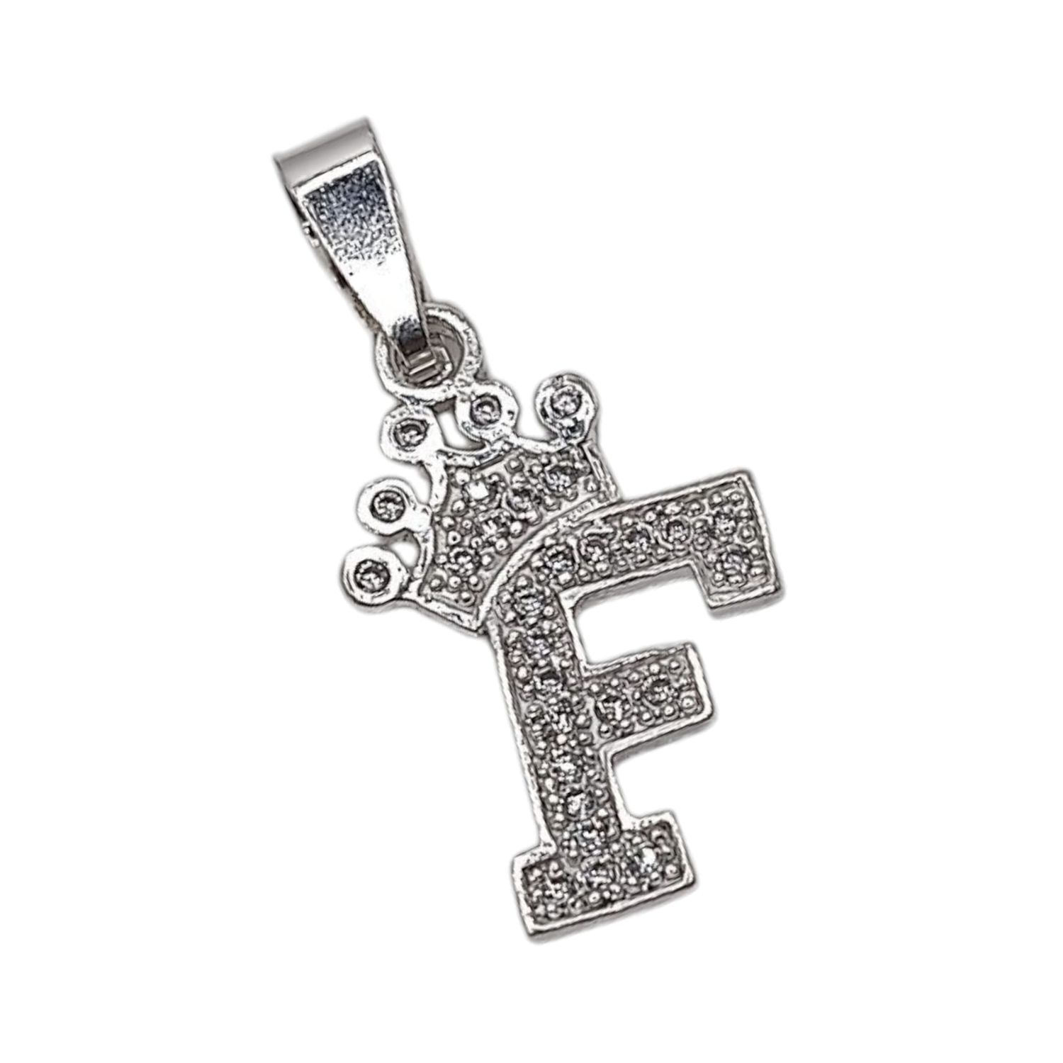DIJE LETRA F CON CORONA Y MINI CZ, 2.5 CM, PLATA .925