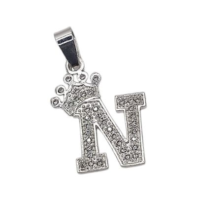 DIJE LETRA N CON CORONA Y MINI CZ, 2.5 CM, PLATA .925