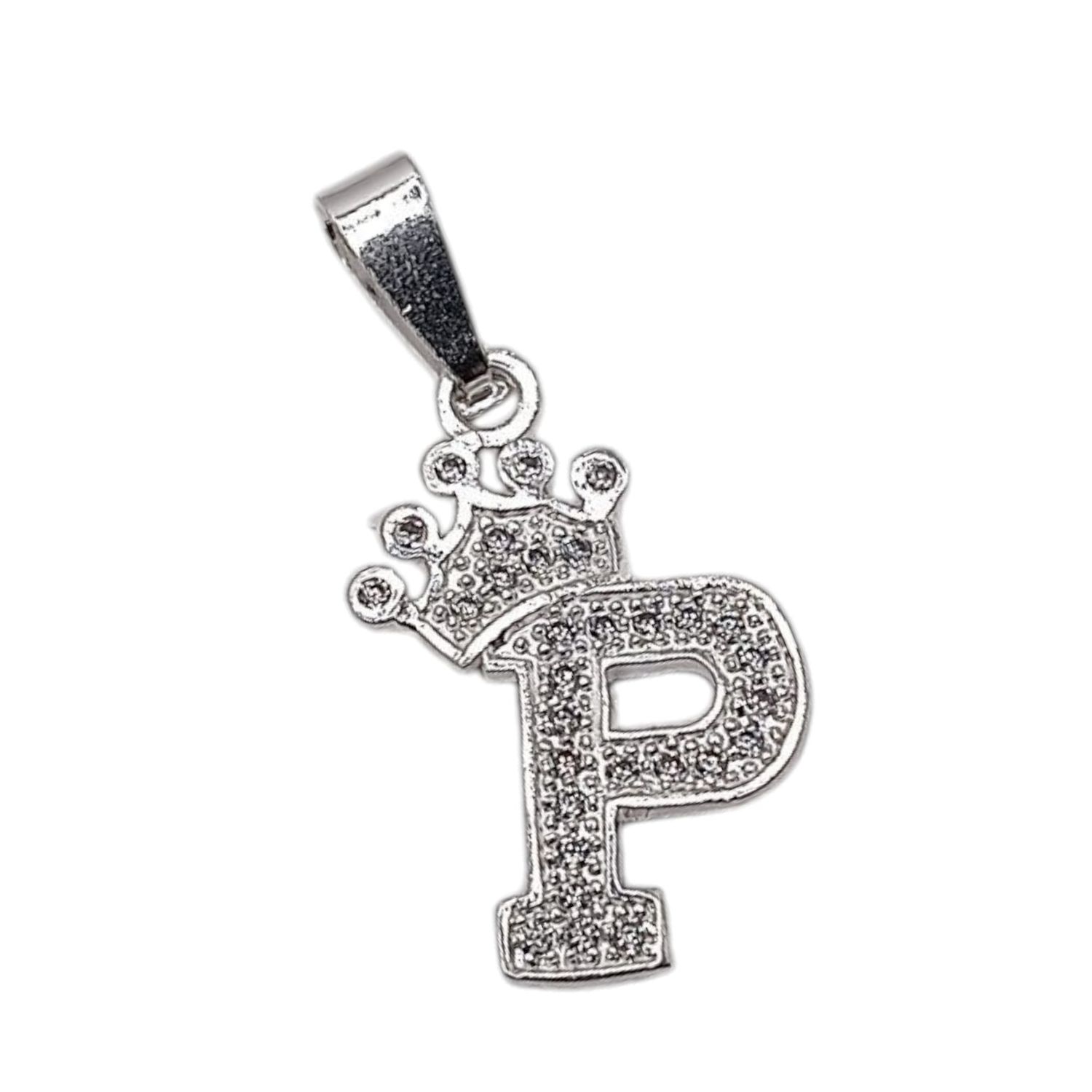 DIJE LETRA P CON CORONA Y MINI CZ, 2.5 CM, PLATA .925
