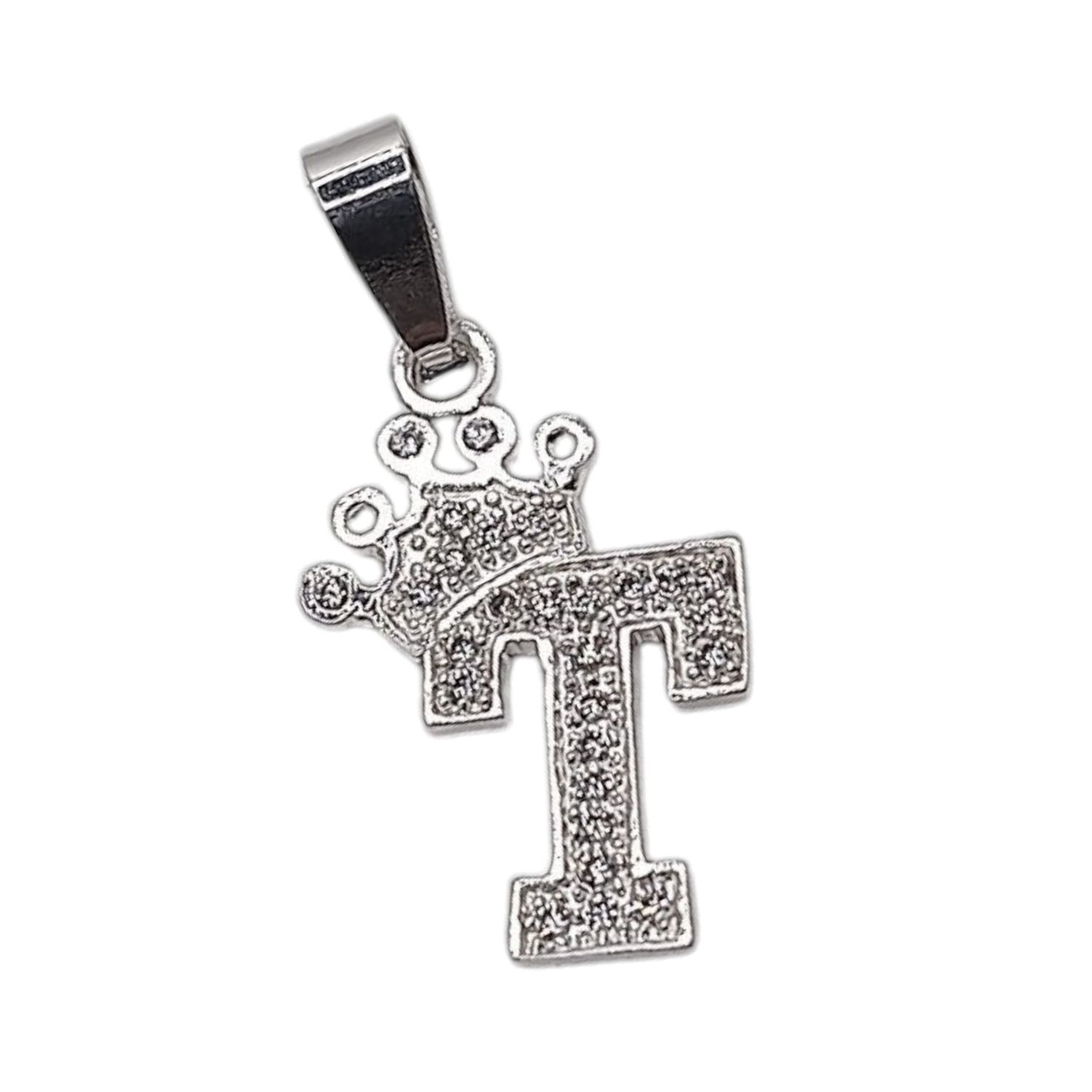 DIJE LETRA T CON CORONA Y MINI CZ, 2.5 CM, PLATA .925