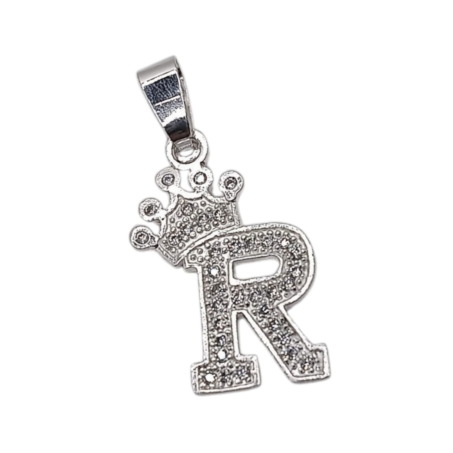 DIJE LETRA R CON CORONA Y MINI CZ, 2.5 CM, PLATA .925