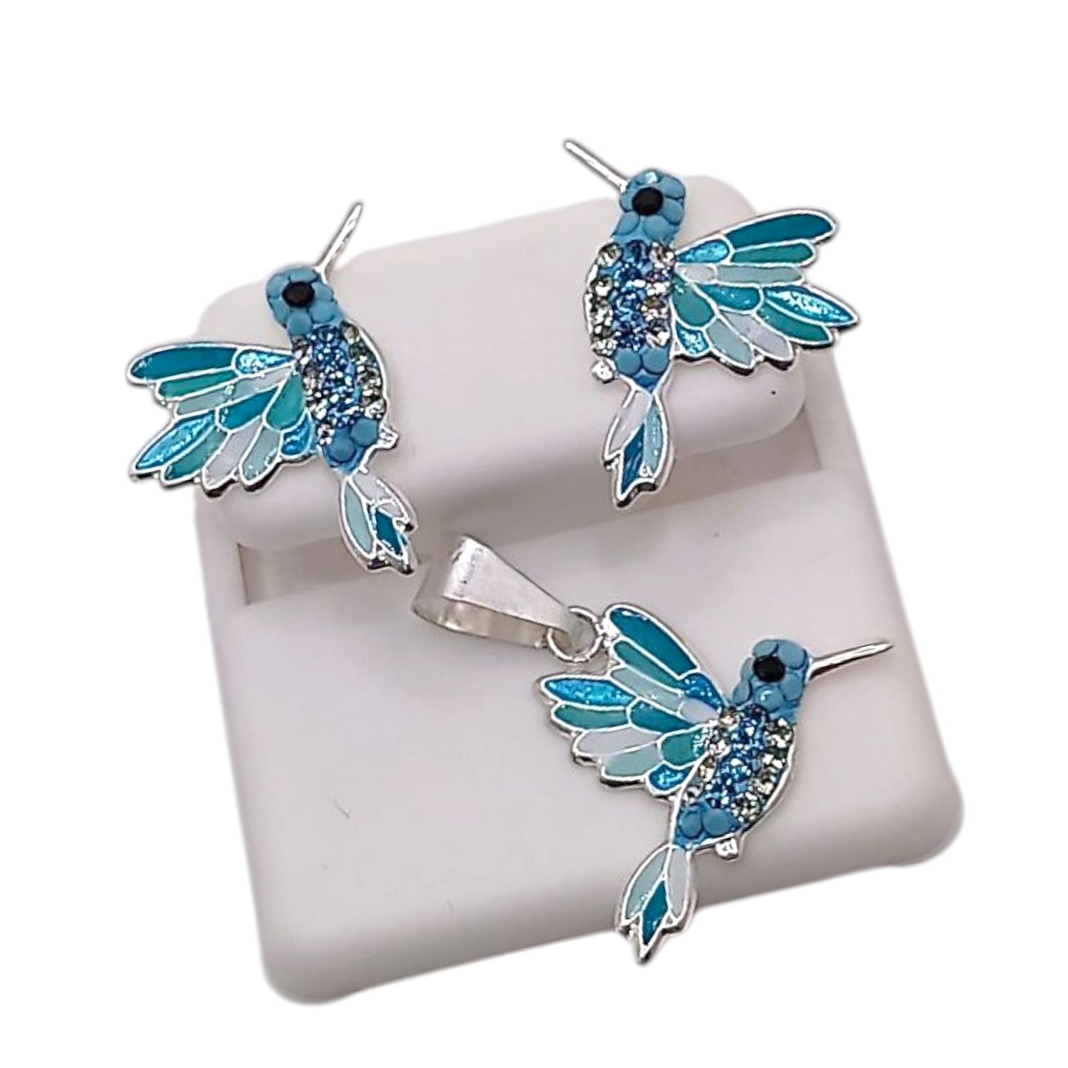 JUEGO DE DIJE Y ARETES COLIBRI AZULZQUA, BROCHE MARIPOSA, PLATA .925