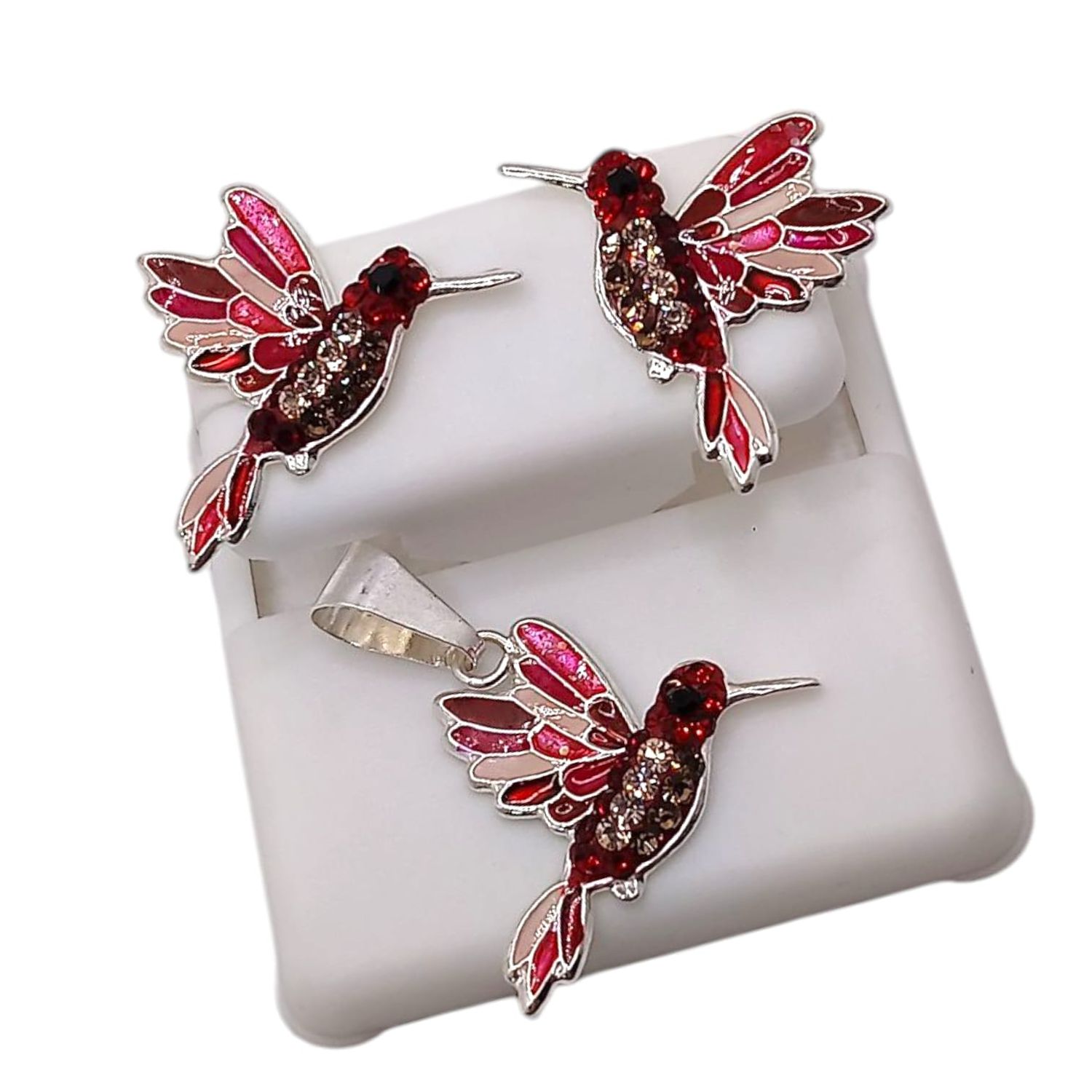 JUEGO DIJE Y ARETE COLIBRI ROJO, BROCHE MARIPOSA, PLATA .925