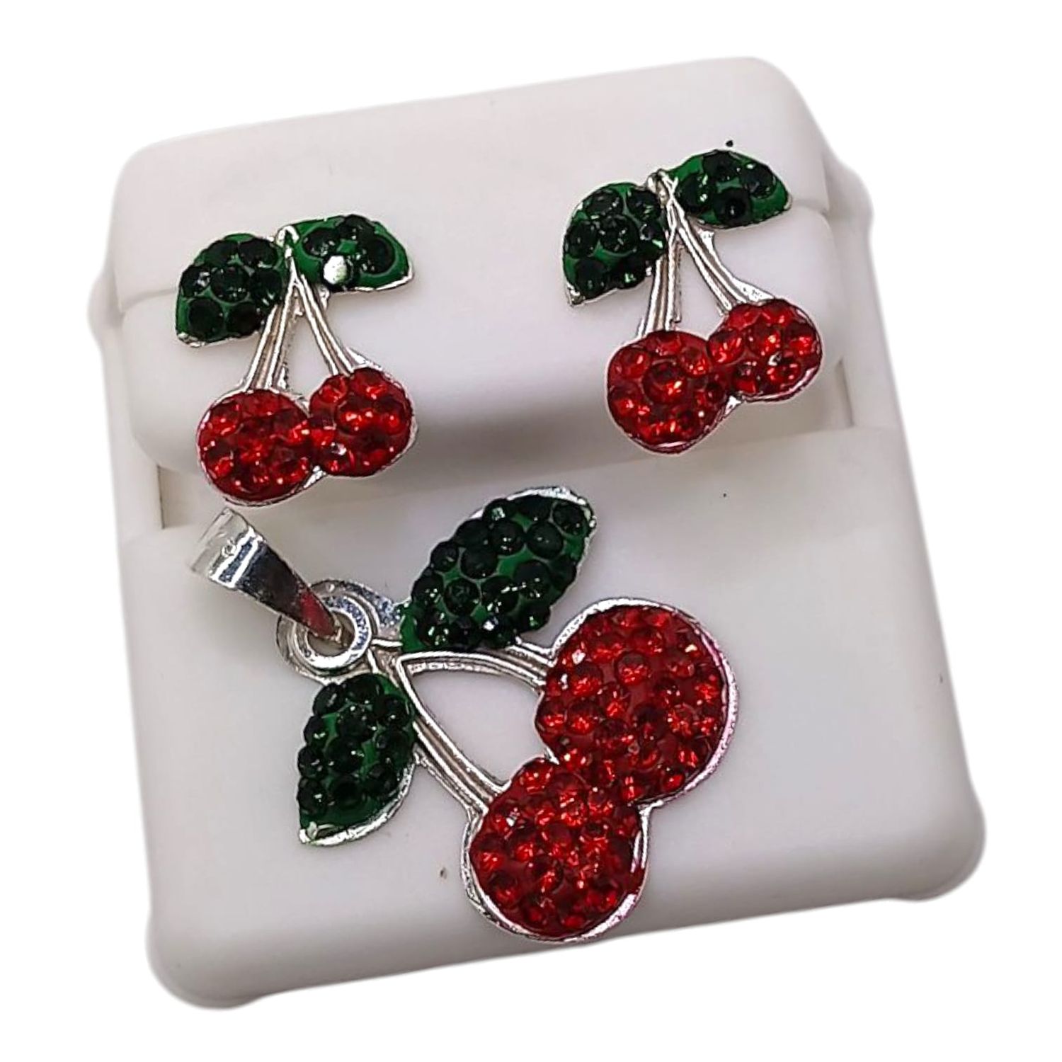 JUEGO DE DIJE Y ARETES CEREZAS, BROCHE MARIPOSA, PLATA .925