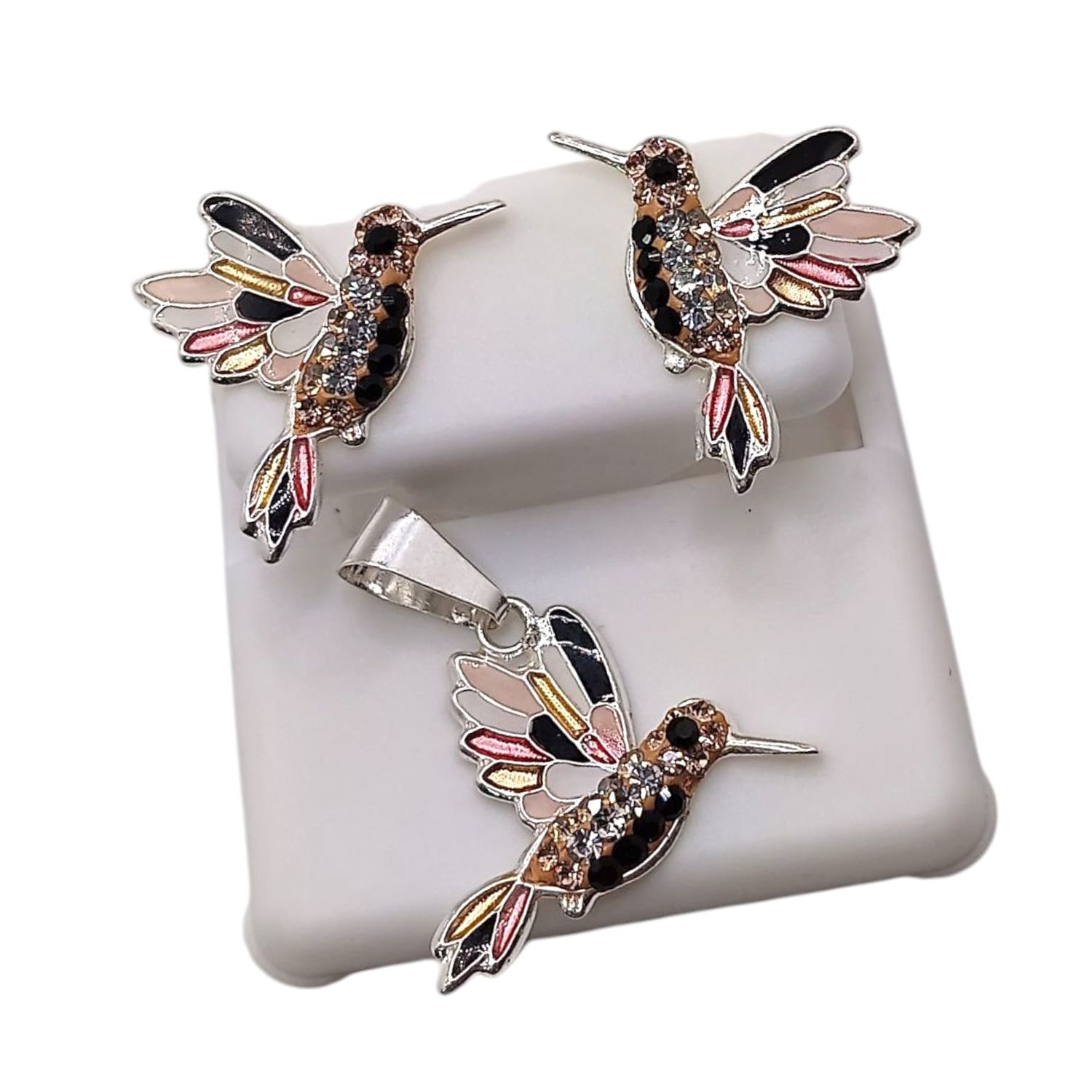 JUEGO DE DIJE Y ARETE COLIBRI ROSA Y NEG, BROCHE MARIPOSA PLATA .925