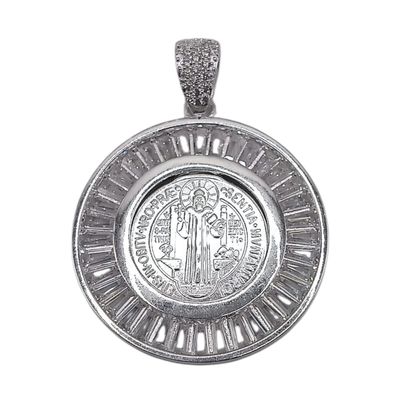 MEDALLA SAN BENITO CON CZ 5.8 CM LARGO TOTAL, PLATA .925