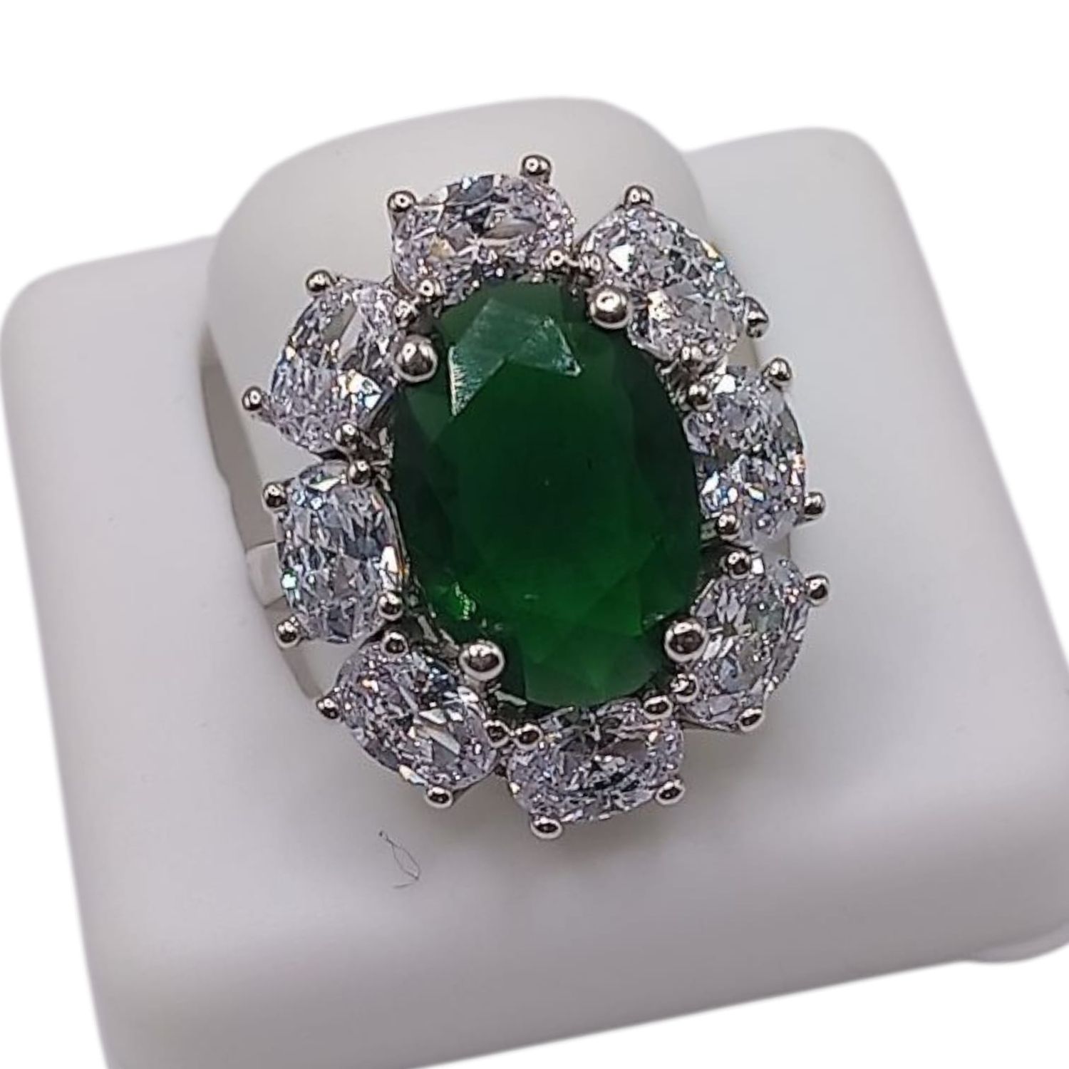 ANILLO OVAL CZ VERDE Y BCA, VARIAS MEDIDAS PLATA .925