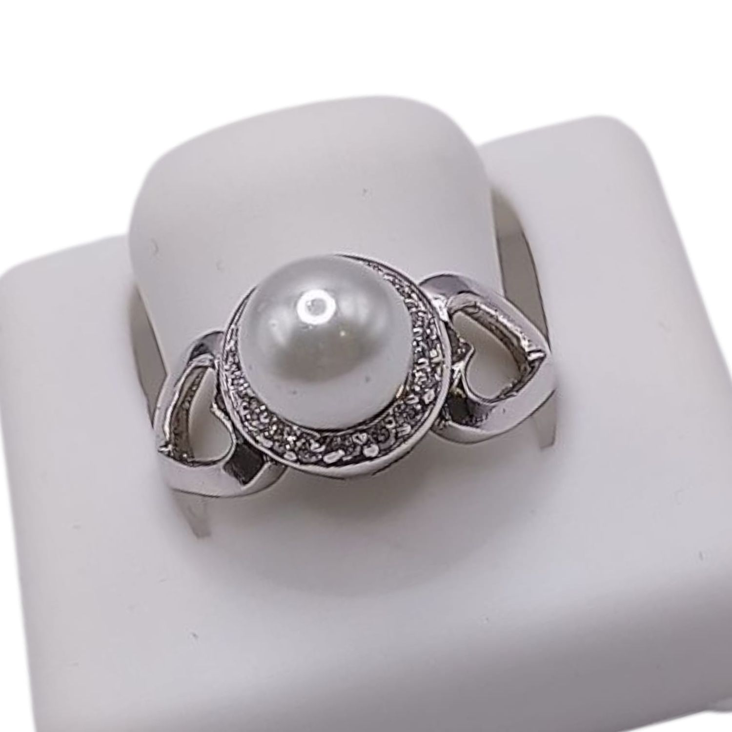 ANILLO PERLA CON CZ Y CORAZONES #6, PLATA .925