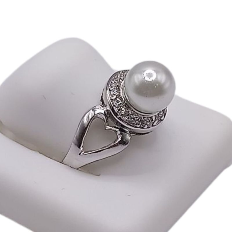 ANILLO PERLA CON CZ Y CORAZONES #6, PLATA .925