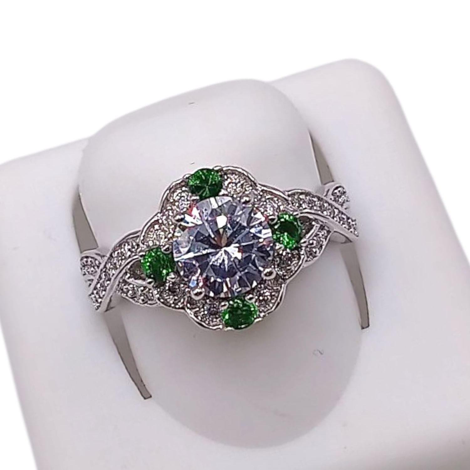 ANILLO CZ BCA Y VERDE VARIAS MEDIDAS, PLATA .925