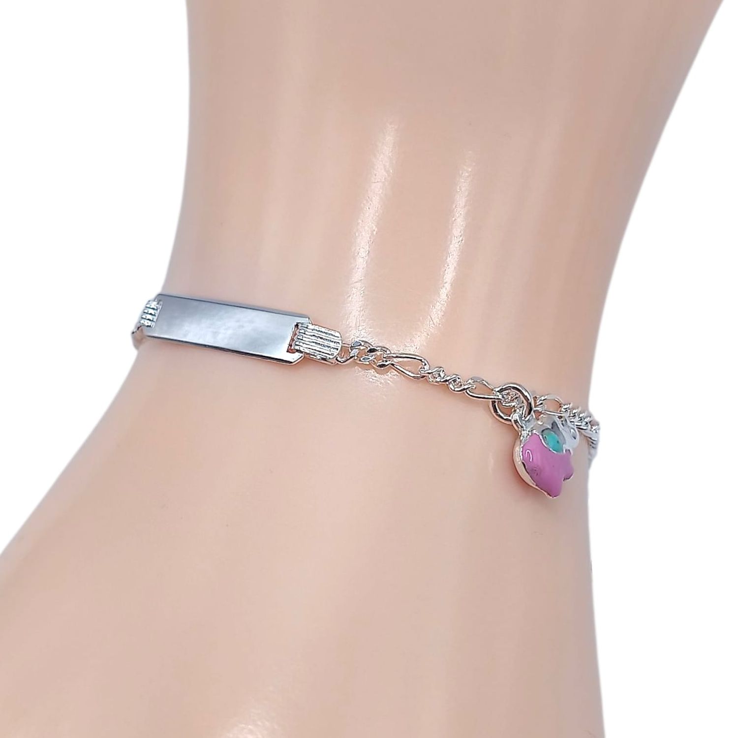 PULSERA FIGARO CON PLACA Y ELEFANTE ESMALTADO ROSA 5.5 &quot;. PLATA .925