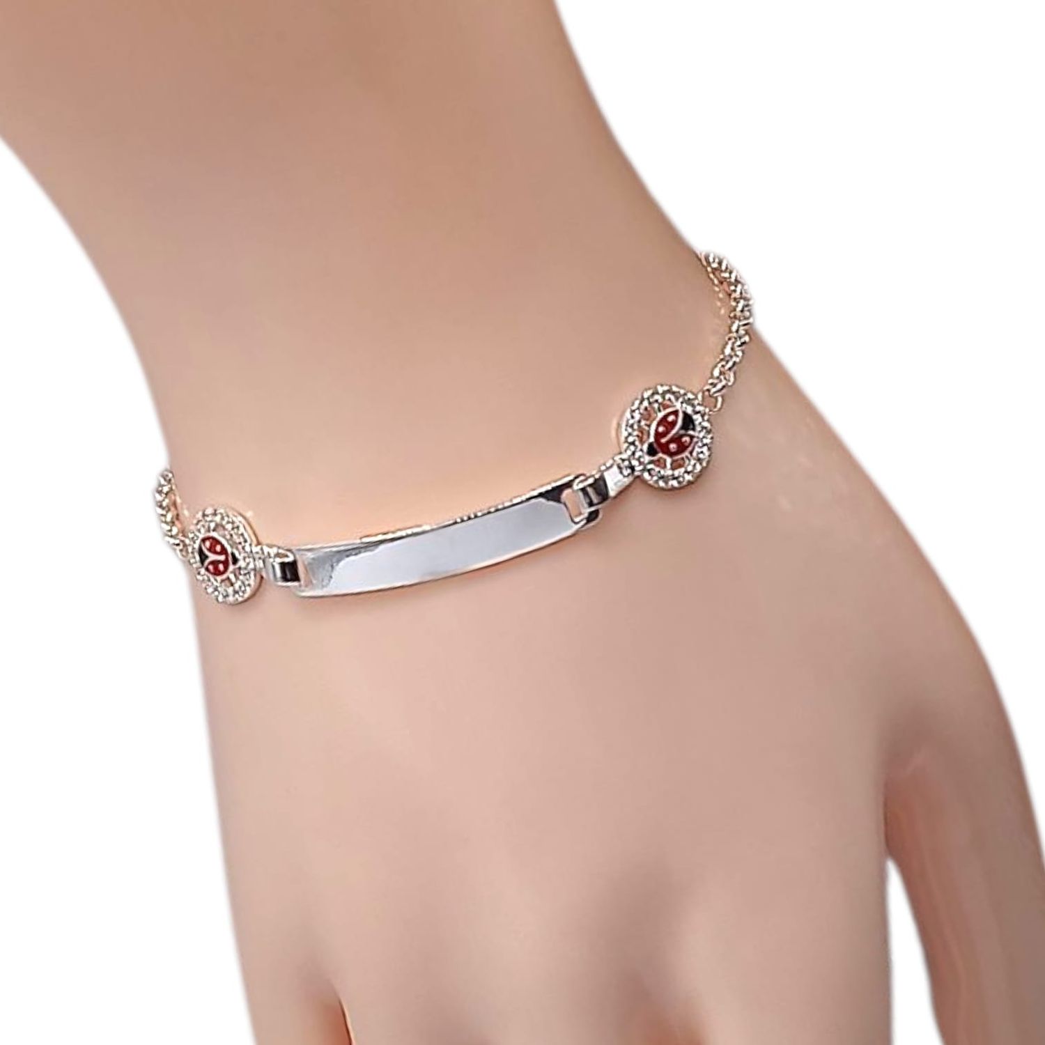 PULSERA CON PLACA Y CATARINAS 6.5&quot; A 7&quot;, AJUSTABLE, PLATA .925
