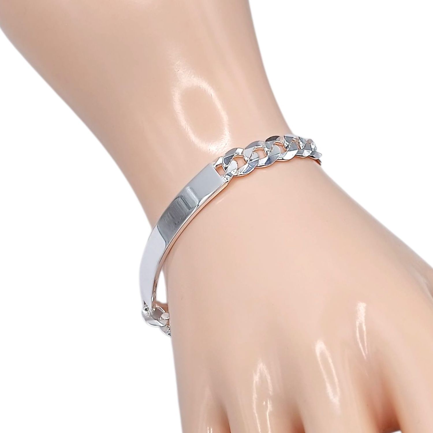 PULSERA CUBANA CON PLACA 9&quot;,  8 MM, PLATA .925