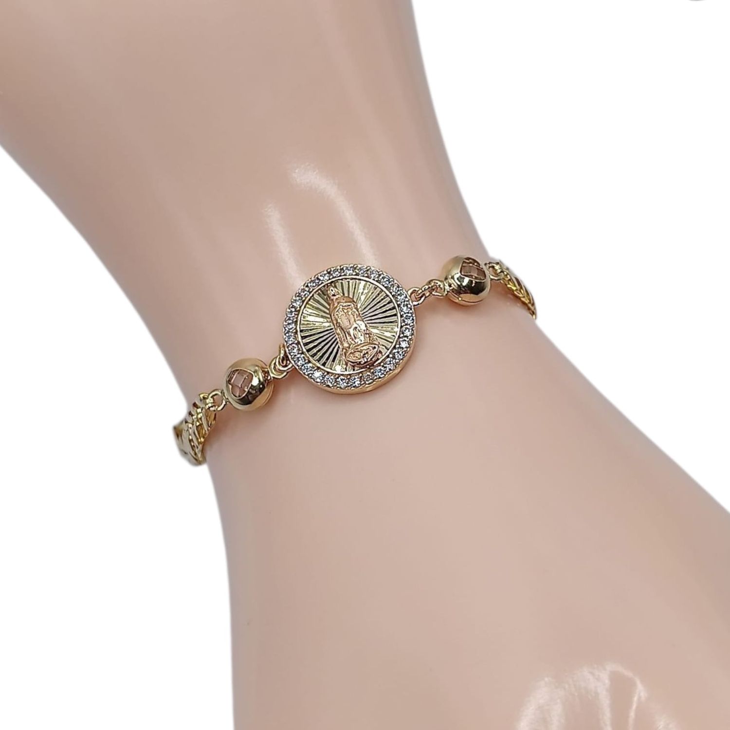 PULSERA TEJIDA CON VIRGEN DE GPE 7&quot;  5 MM, ORO 10 K