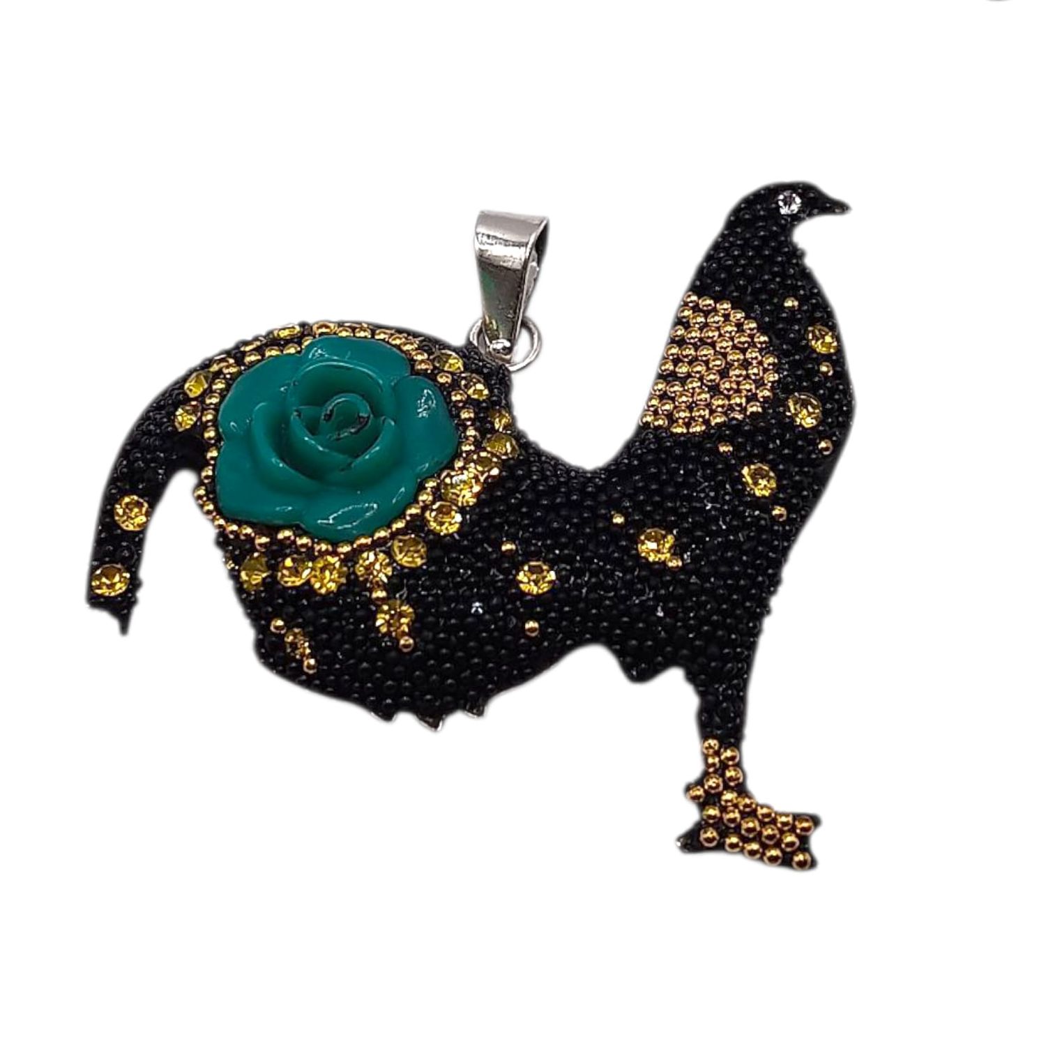 DIJE GALLO NEGRO CON FLOR VERDE  4 CM ANCHO, OFERTA UNICA PIEZA, PLATA .925