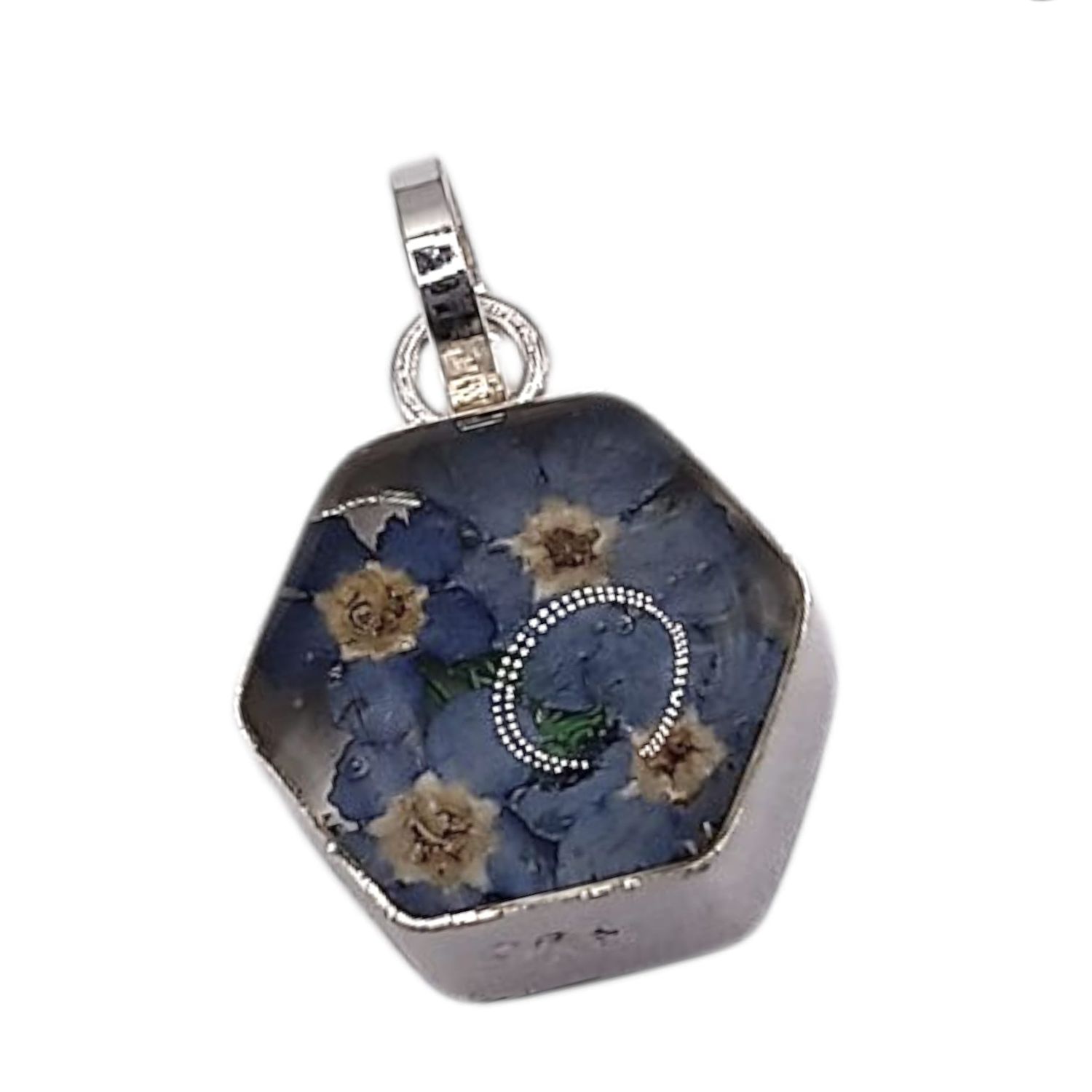 DIJE EXAGONAL NATURALEZA MUERTA 1.2 CM PLATA .925