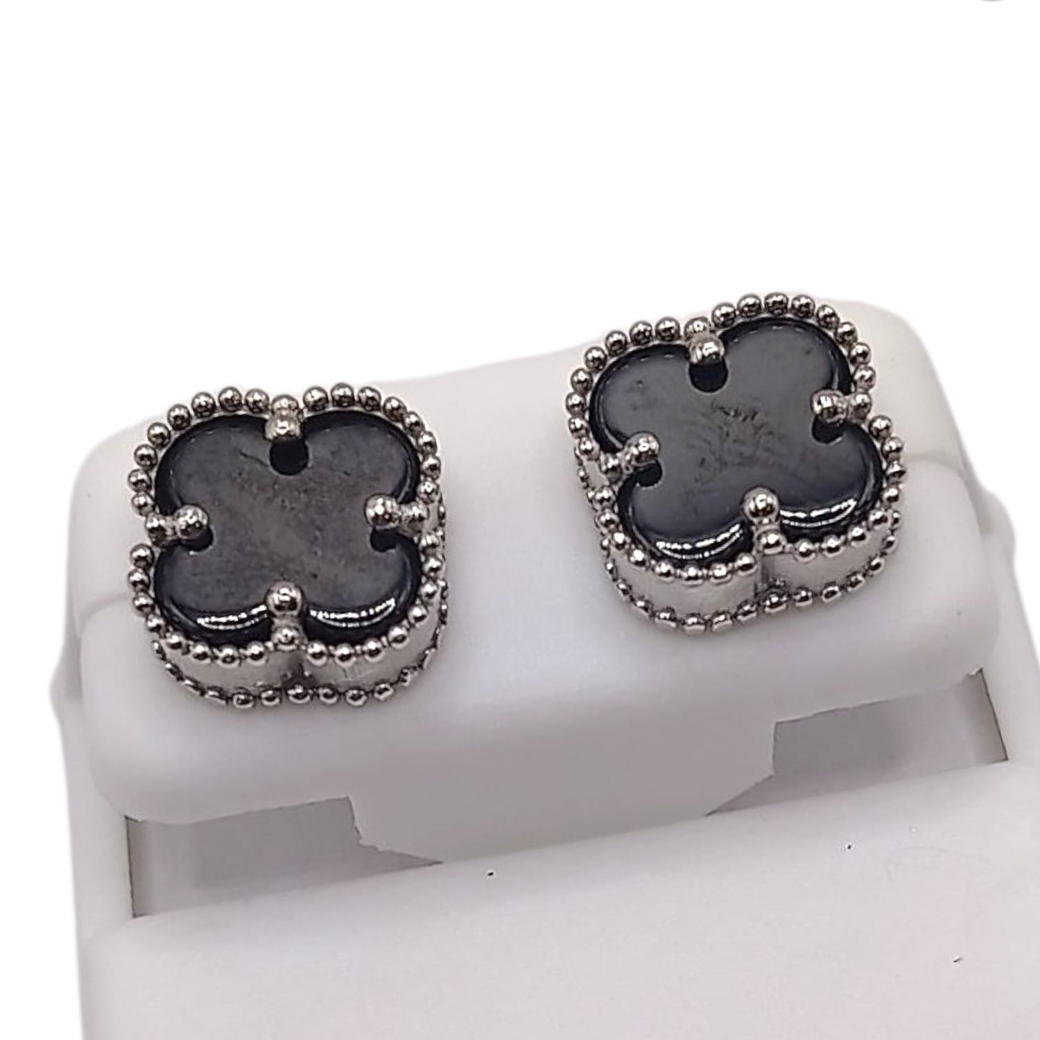 ARETE TREBOL NEGRO 1 CM, BROCHE MARIPOSA PLATA .925