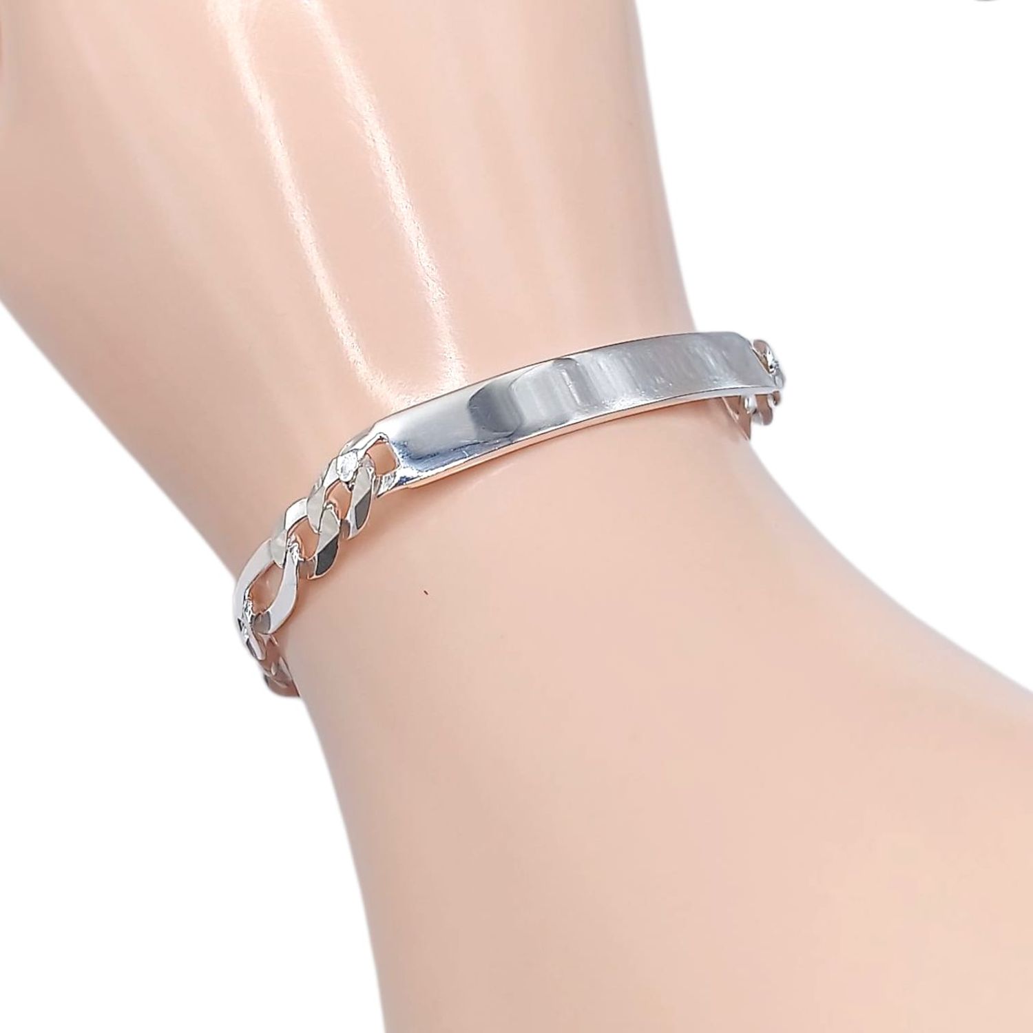 PULSERA FIGARO CON PLACA  7MM  8&quot; PLATA .925