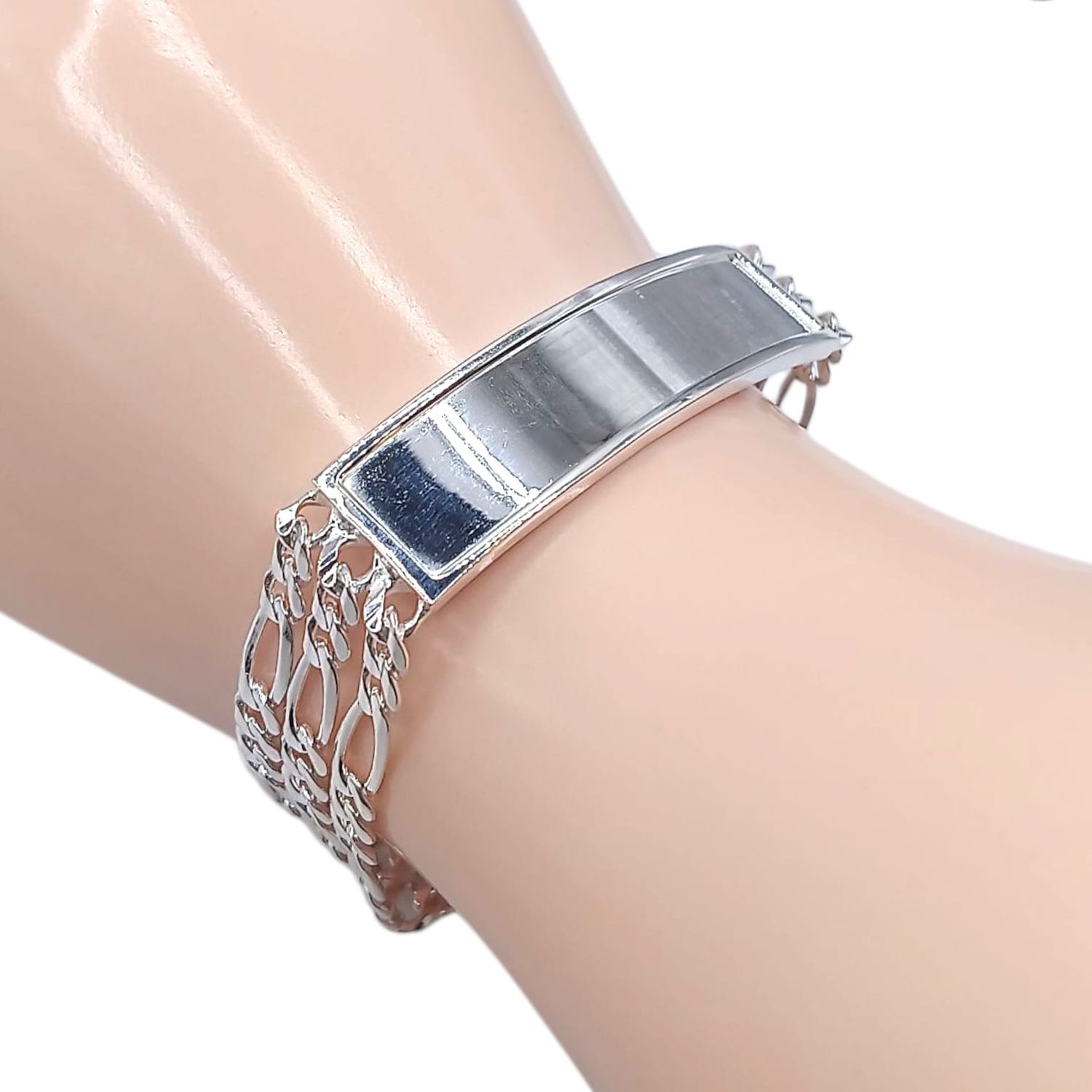 PULSERA FIGARO TRIPLE CON PLACA 8&quot; 1.5 CM ANCHO, PLATA .925