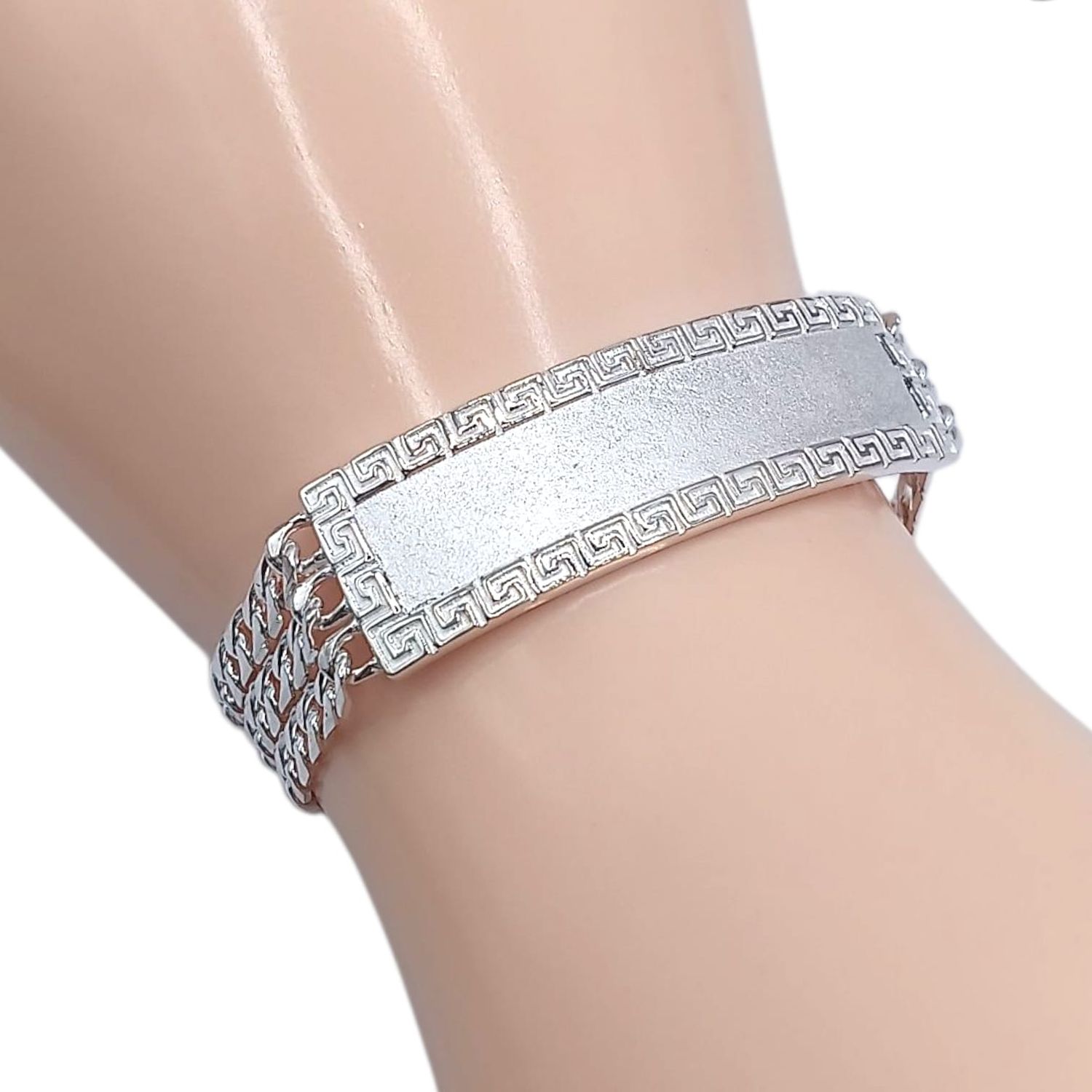 PULSERA CUBANA TRIPLE CON PLACA 9&quot; 1.3 CM ANCHO, PLATA .925