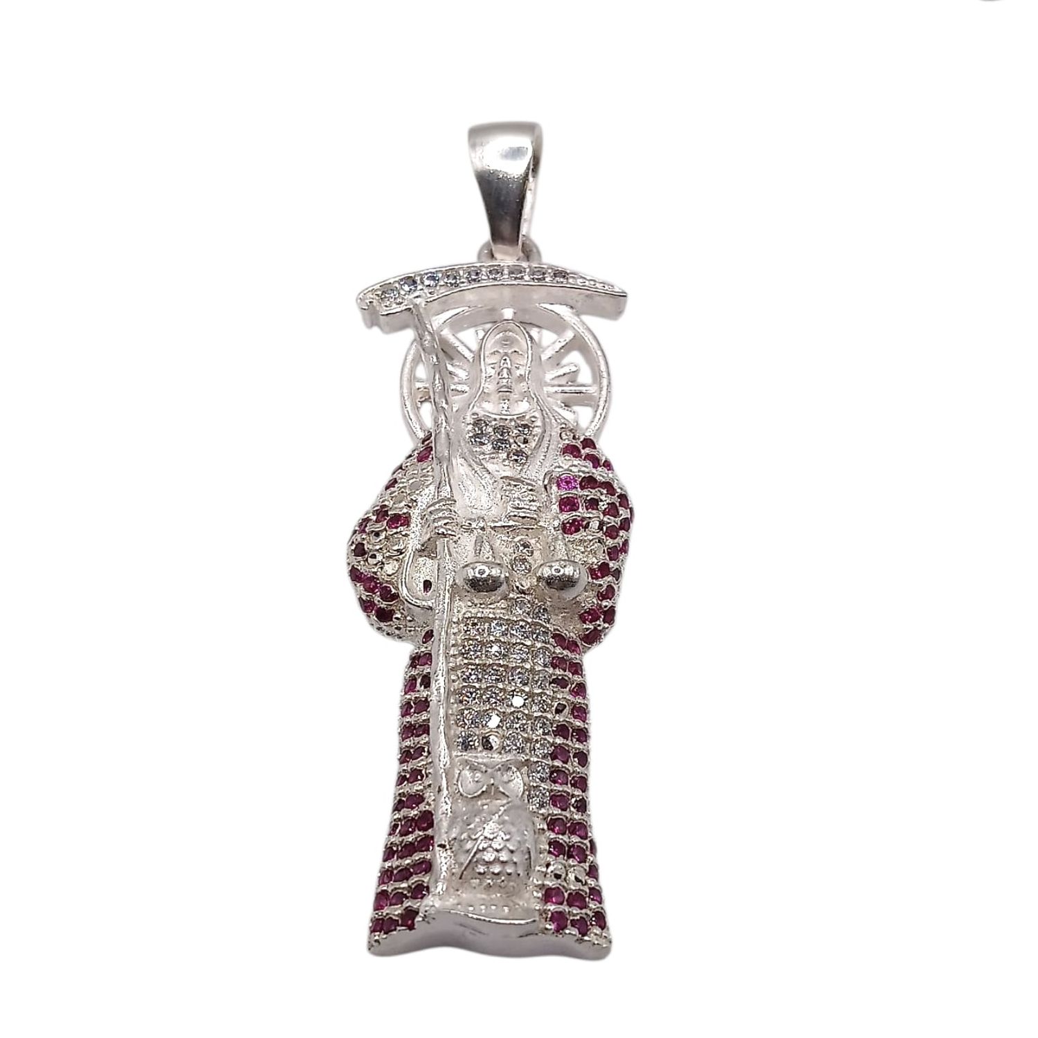 DIJE SANTA MUERTE 6.5 CM CZ ROJA, PLATA .925
