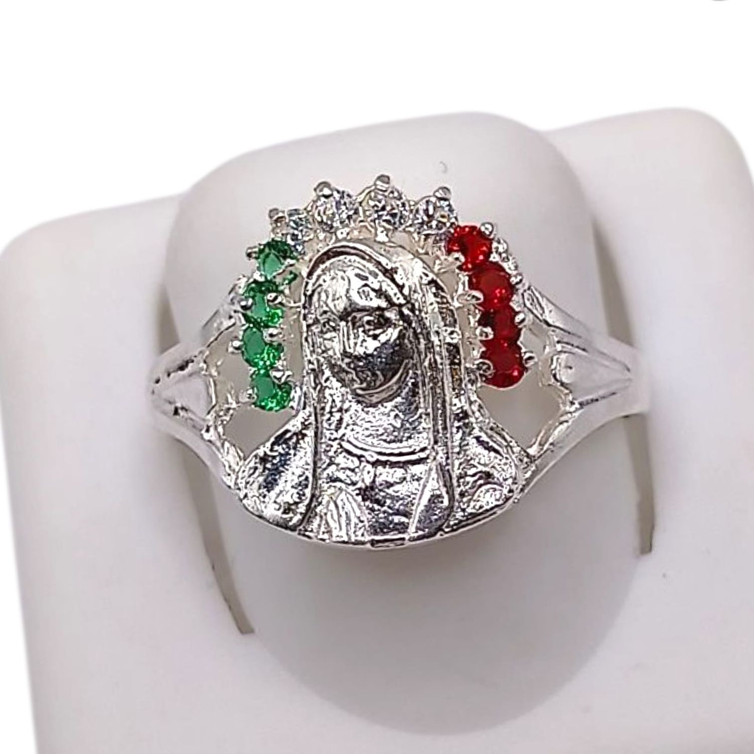 ANILLO VIRGEN DE GUADALUPE TRICOLOR , VARIAS MEDIDAS, PLATA .925