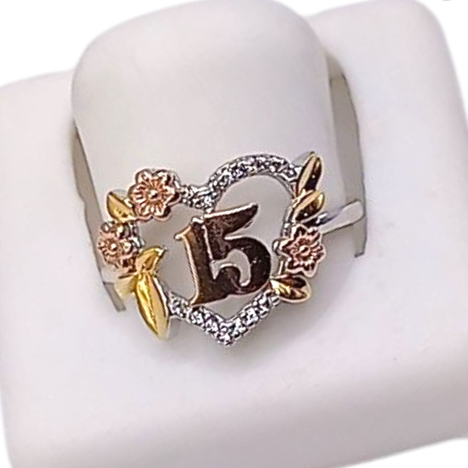 ANILLO CORAZON XV AÑOS CON CHAPA # 6.5  PLATA .925