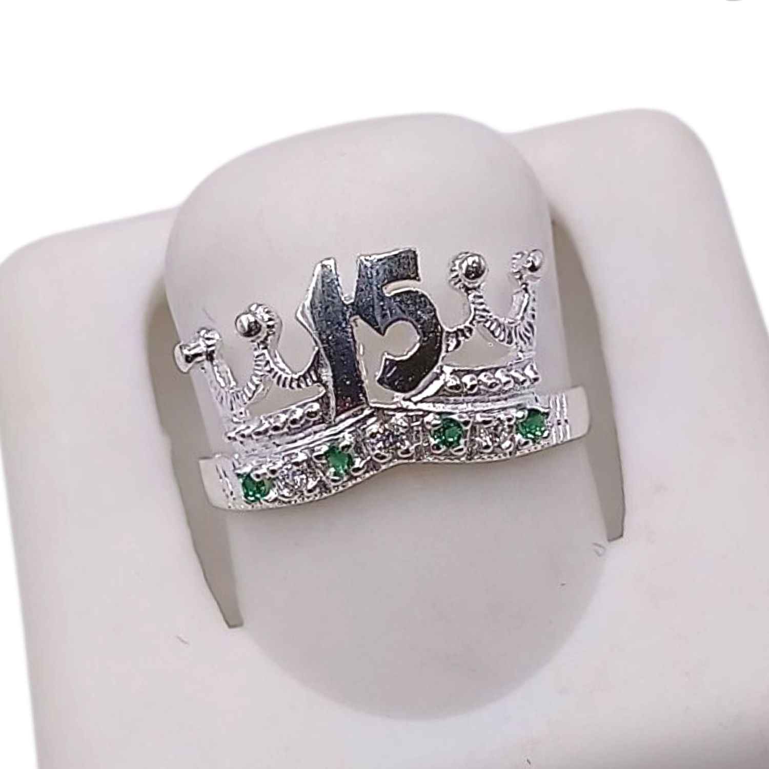 ANILLO CORONA XV AÑOS MINI CZ VERDE #6, PLATA .925