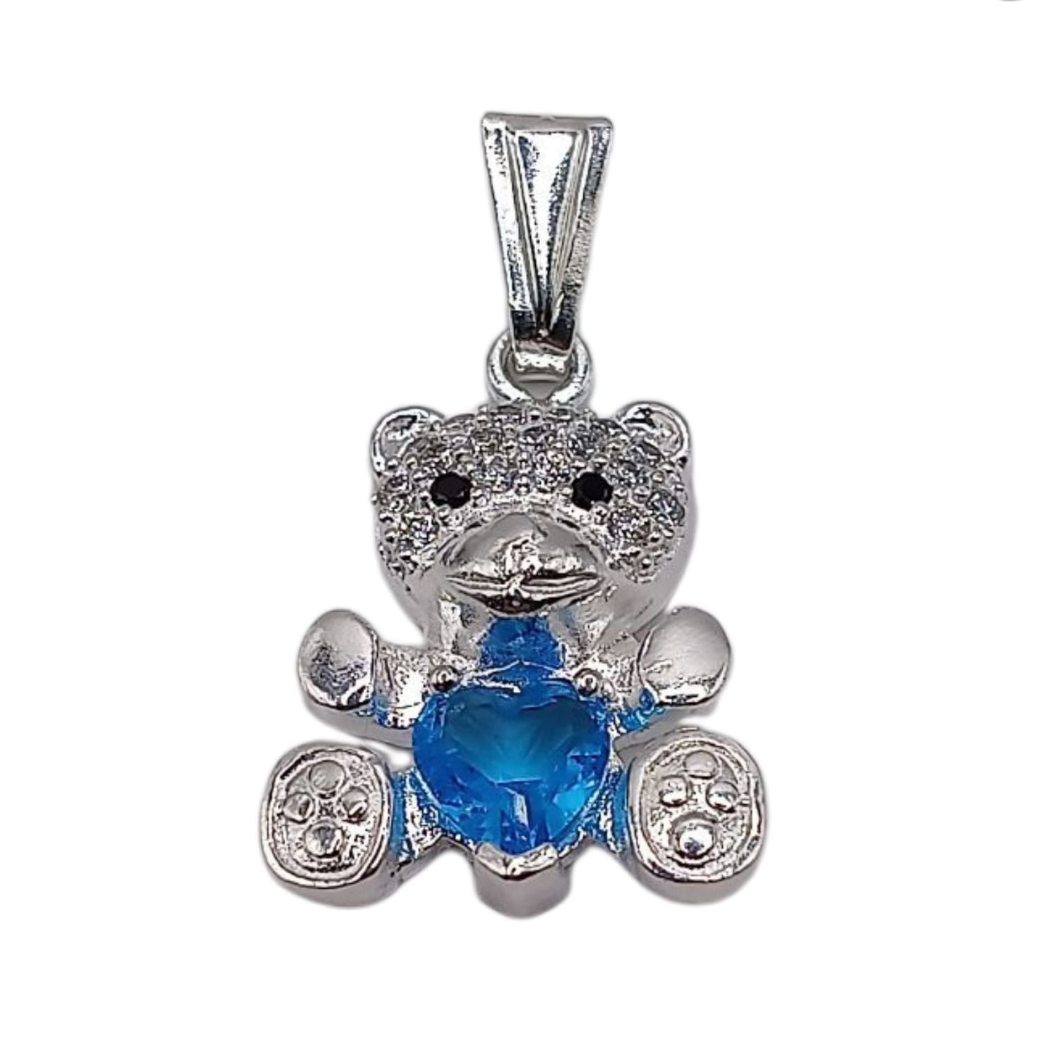DIJE OSITO CORAZON CZ AZUL CLARO, 2 CM, PLATA .925