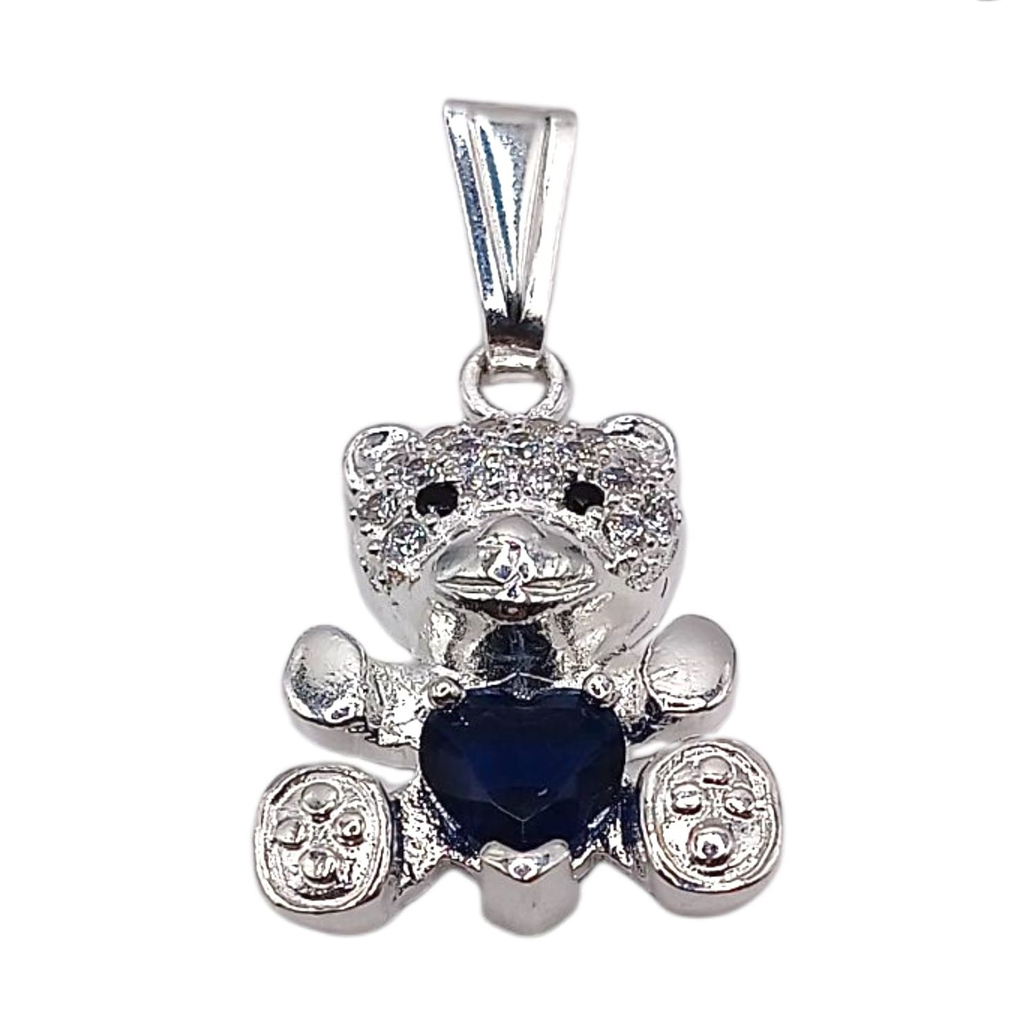 DIJE OSITO CORAZON CZ NAVY,  2 CM, PLATA .925