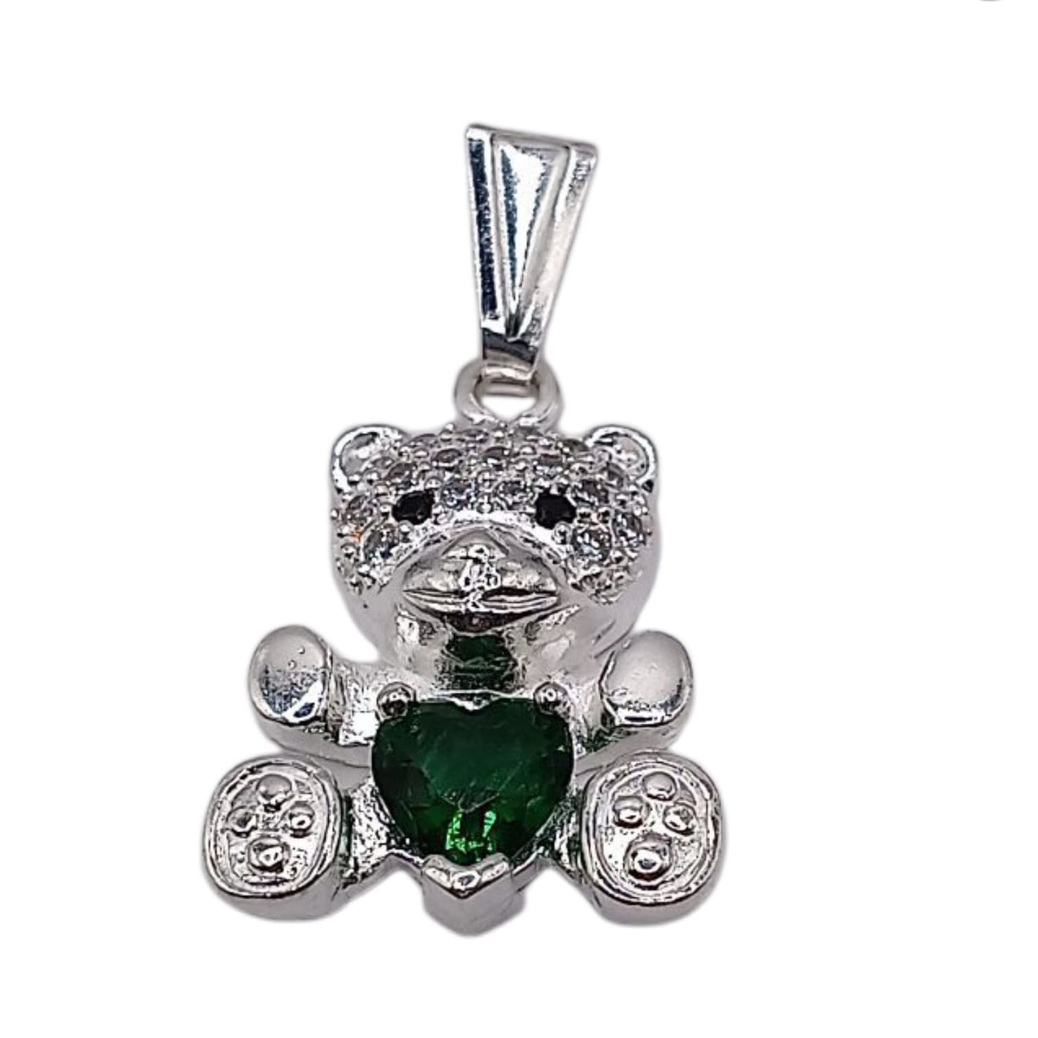 DIJE OSITO CORAZON CZ VERDE, 2 CM, PLATA .925