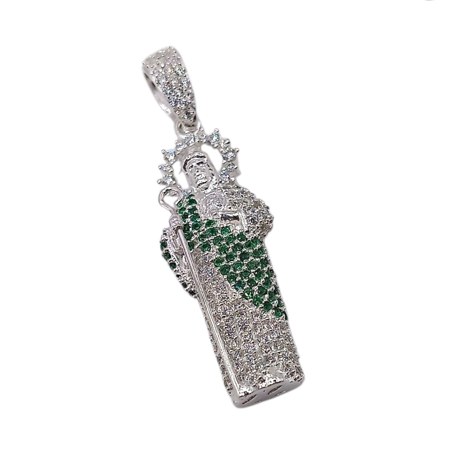 DIJE SAN JUDAS TADEO BULTO CON MINI CZ VERDE Y BCA,  4 CM, PLATA .925