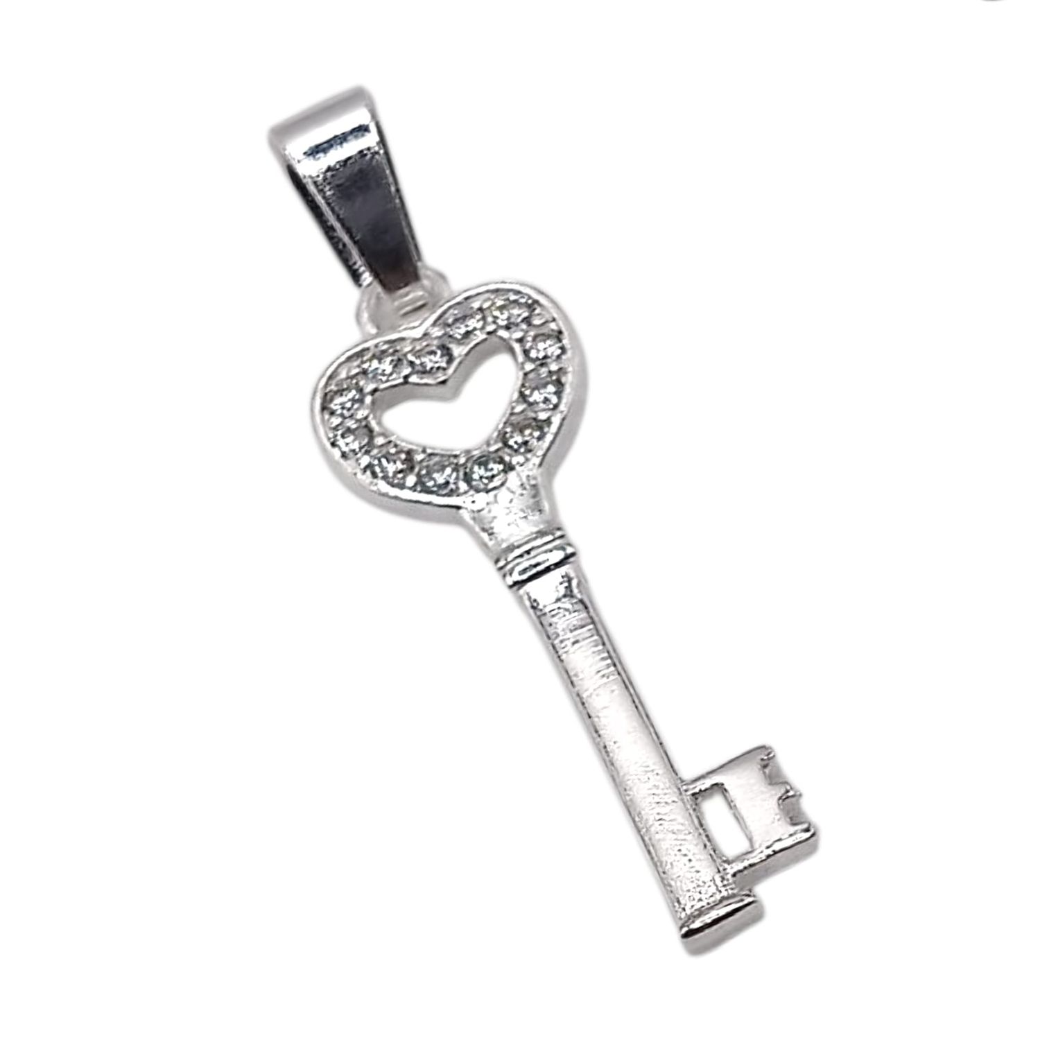 DIJE LLAVE CORAZON CON MINI CZ,  2.7 CM, PLATA .925