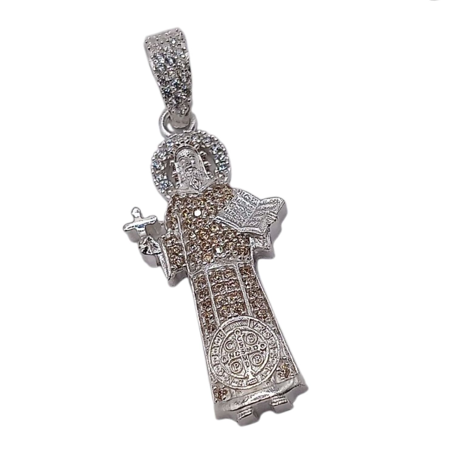 DIJE SAN BENITO  CZ AMBAR Y BCA, 5 CM LARGO TOTAL, PLATA .925