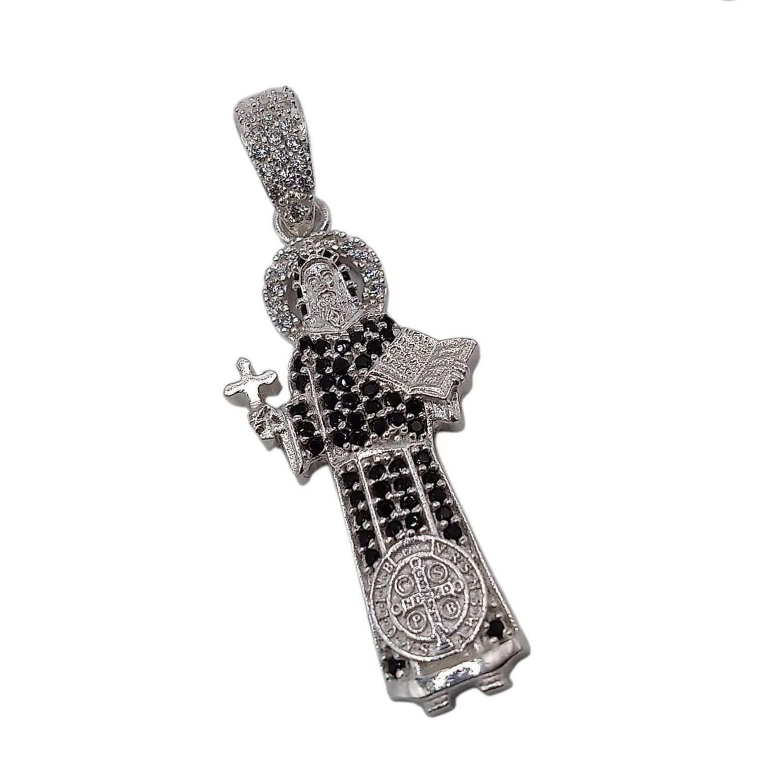 DIJE SAN BENITO CZ NEGRA Y BCA, 4.8 CM, PLATA .925