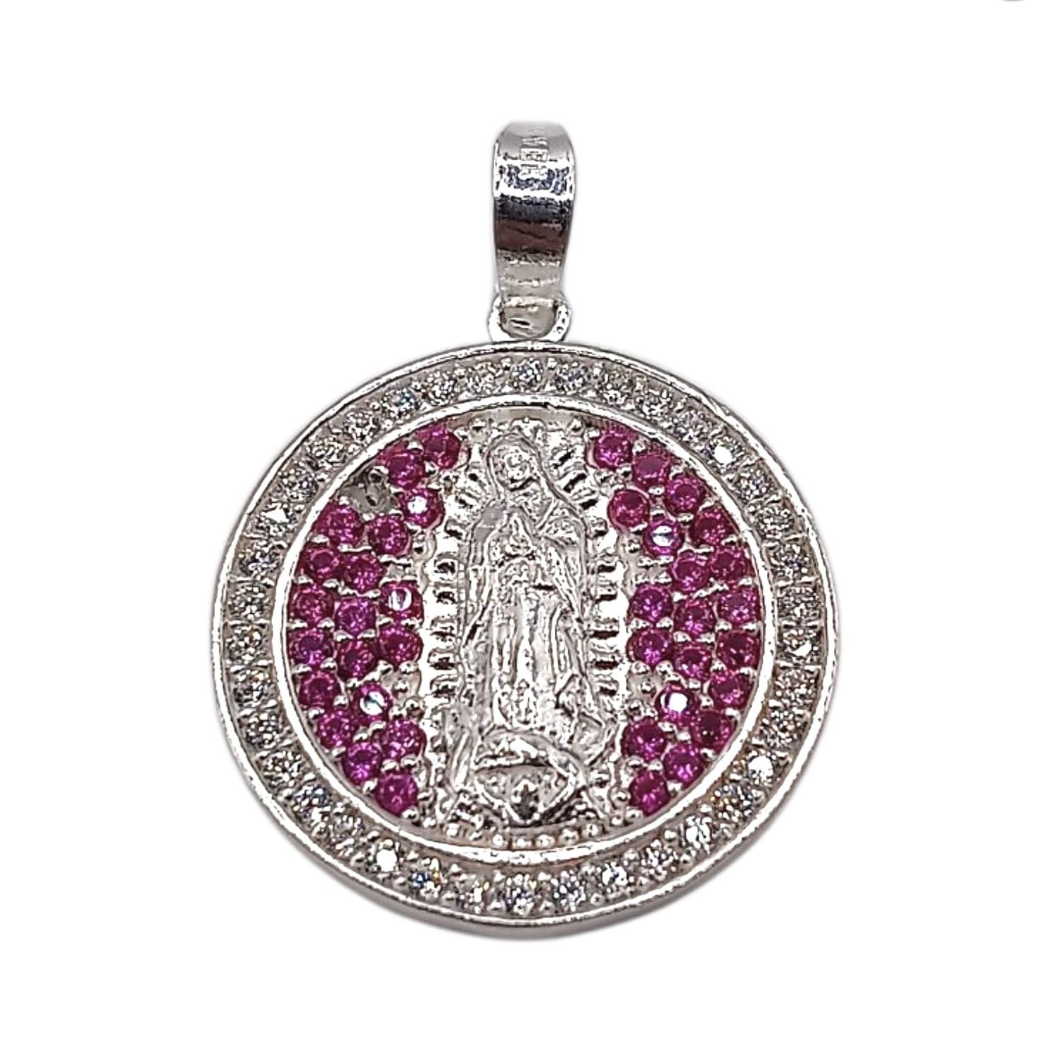MEDALLA VIRGEN DE GPE CZ ROJA Y BCA, 2 CM, PLATA .925