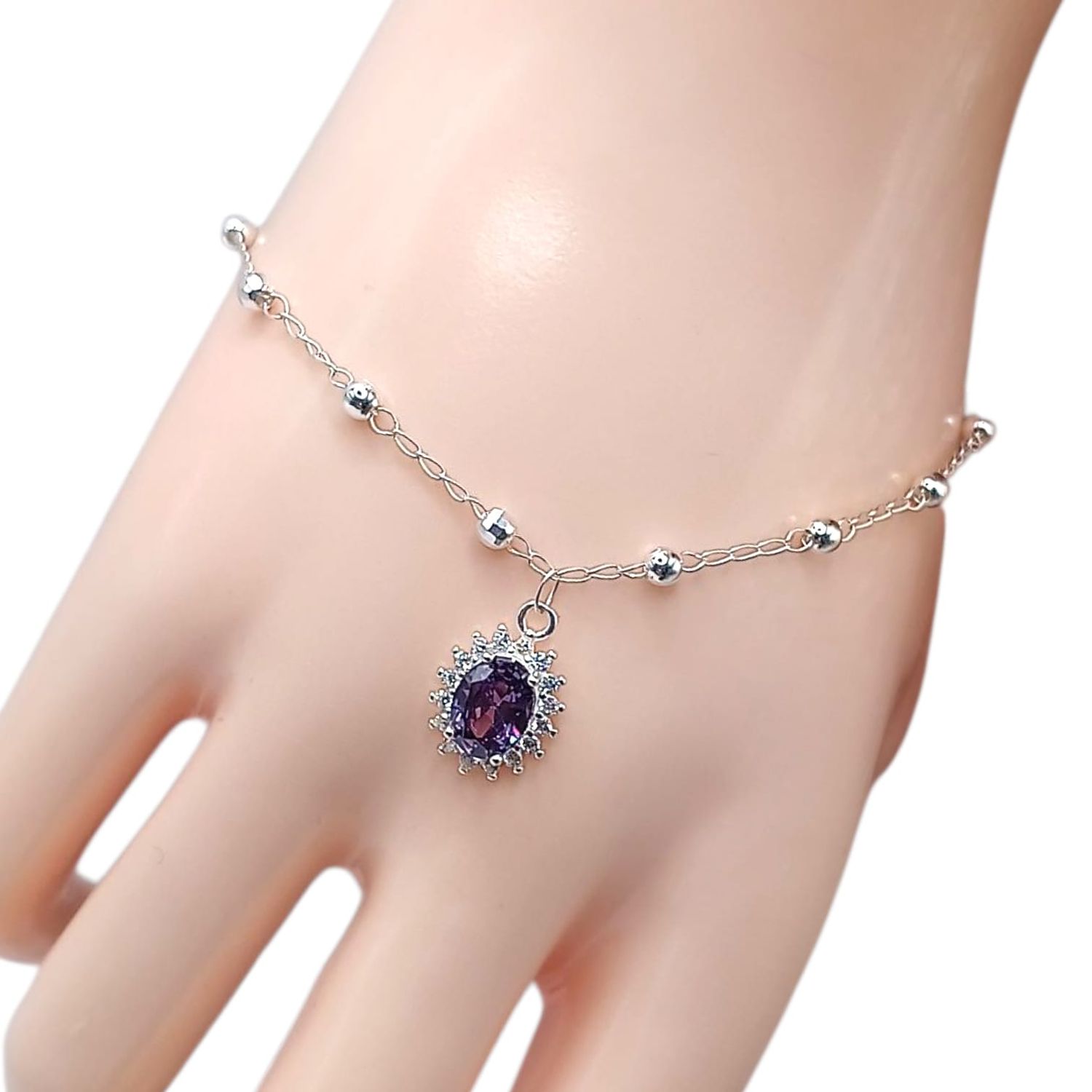 PULSERA CON DIJE CZ LILA  Y BOLITA 3 MM 7.5&quot;, PLATA .925
