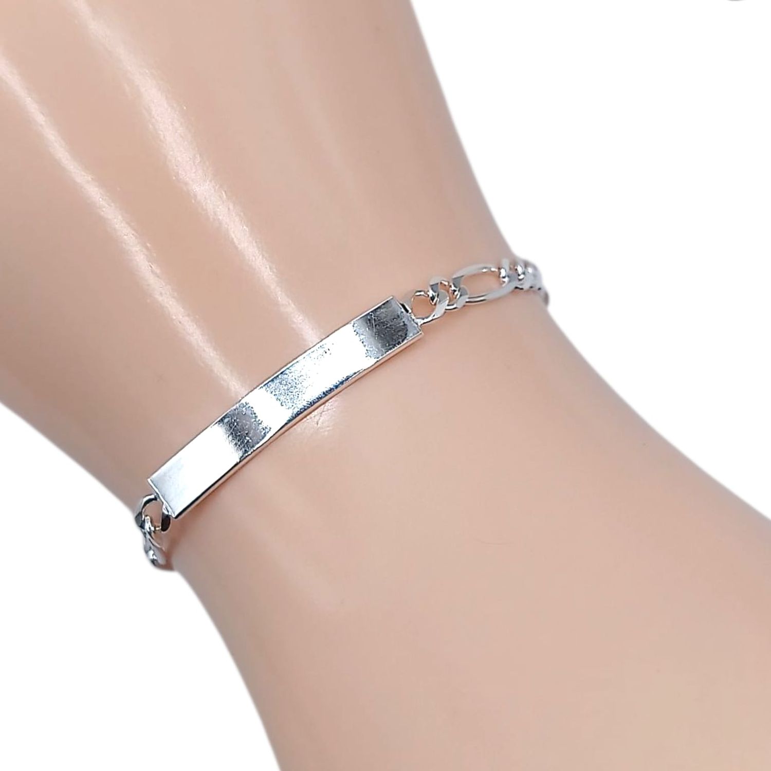 PULSERA FIGARO CON PLACA PARA NIÑO/A4.5&quot; 4 MM, PLATA .925