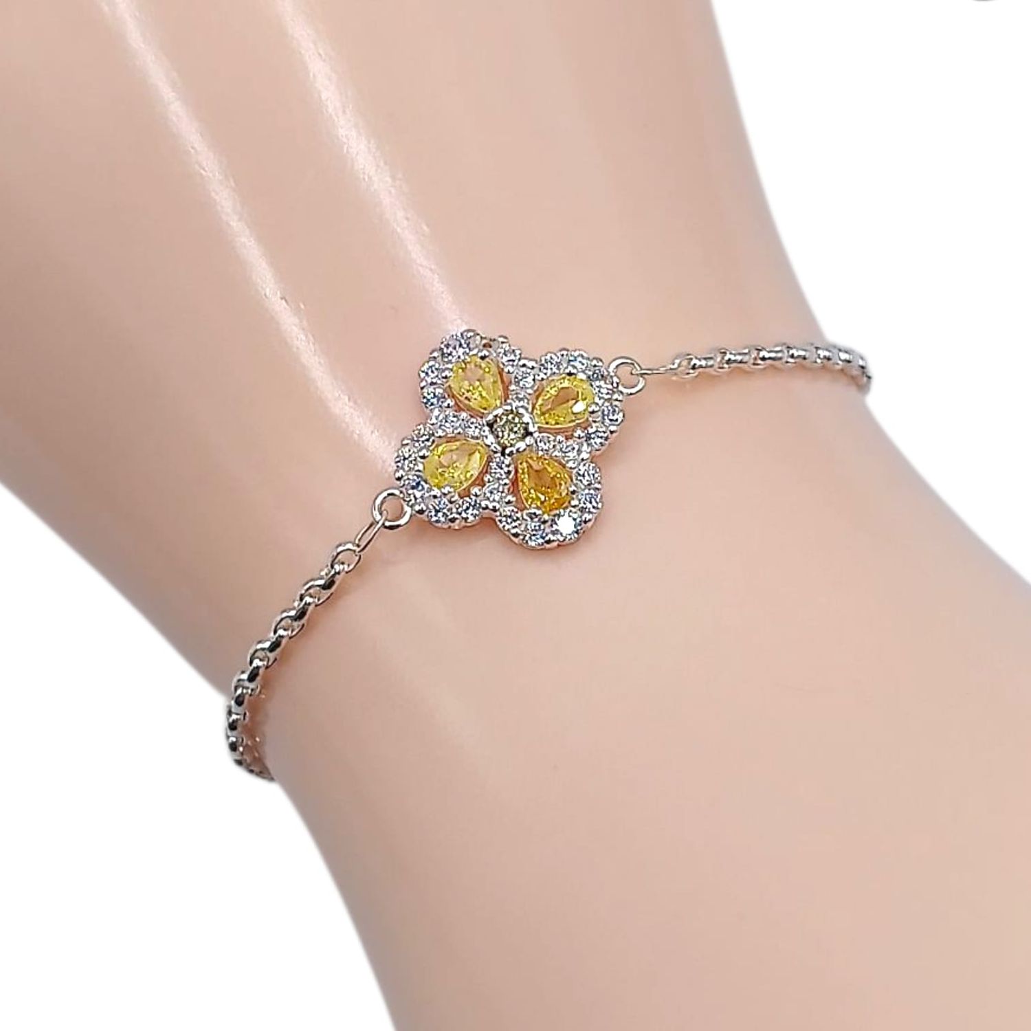PULSERA TREBOL CZ AMARILLA 7&quot; AJUSTABLE A 7.5&quot;, PLATA .925