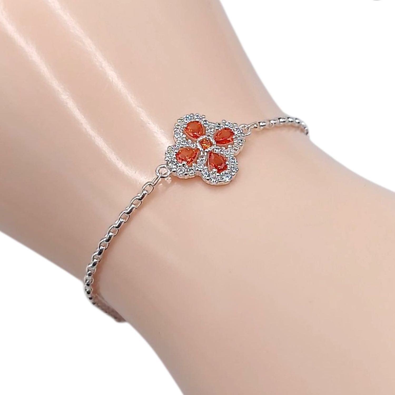 PULSERA DIJE TREBOL CZ NARANJA 7&quot; AJUSTABLE A 7.5&quot;, PLATA .925