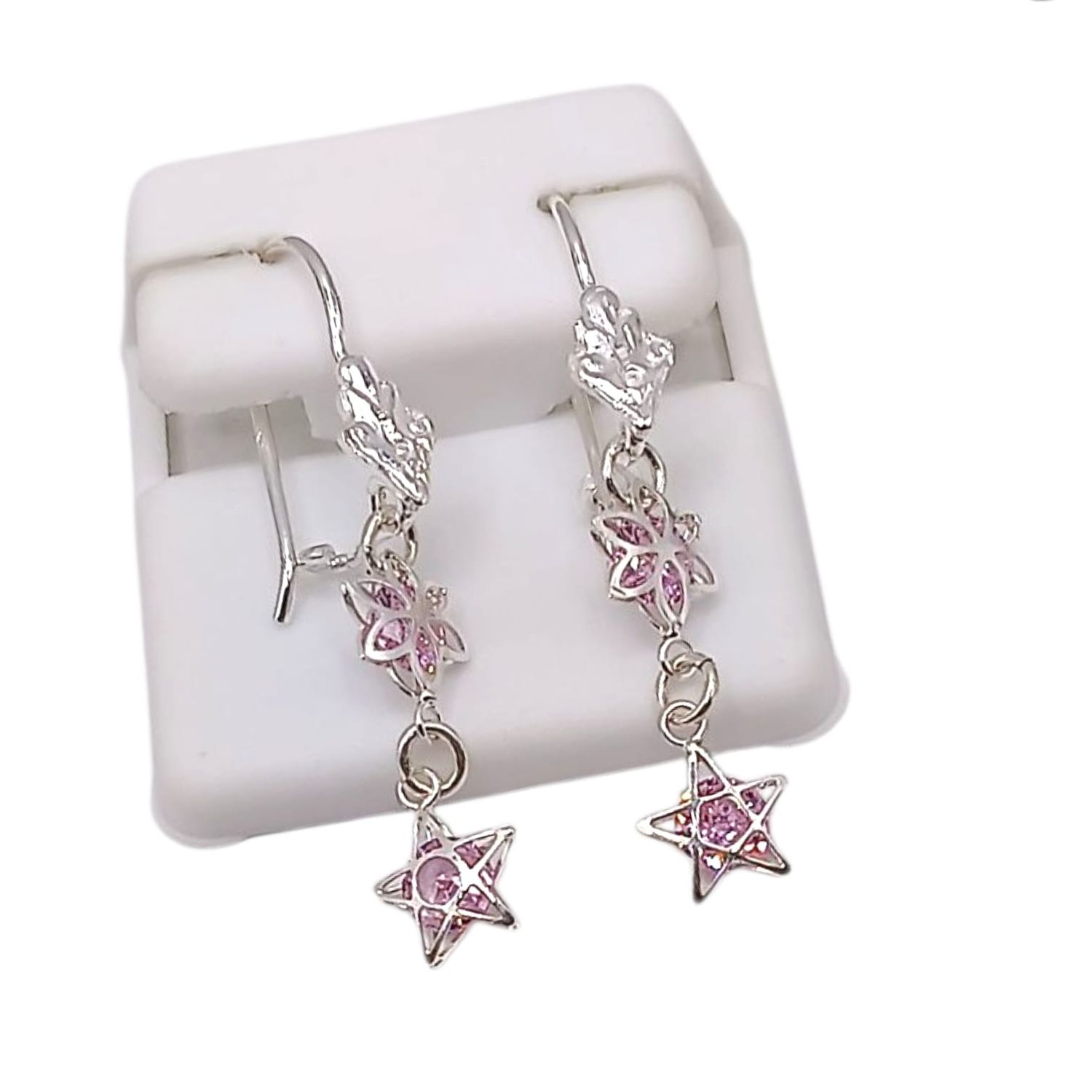 ARETE LARGO ESTRELLA CZ ROSA 4 CM, PLATA .925