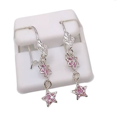 ARETE LARGO ESTRELLA CZ ROSA 4 CM, PLATA .925