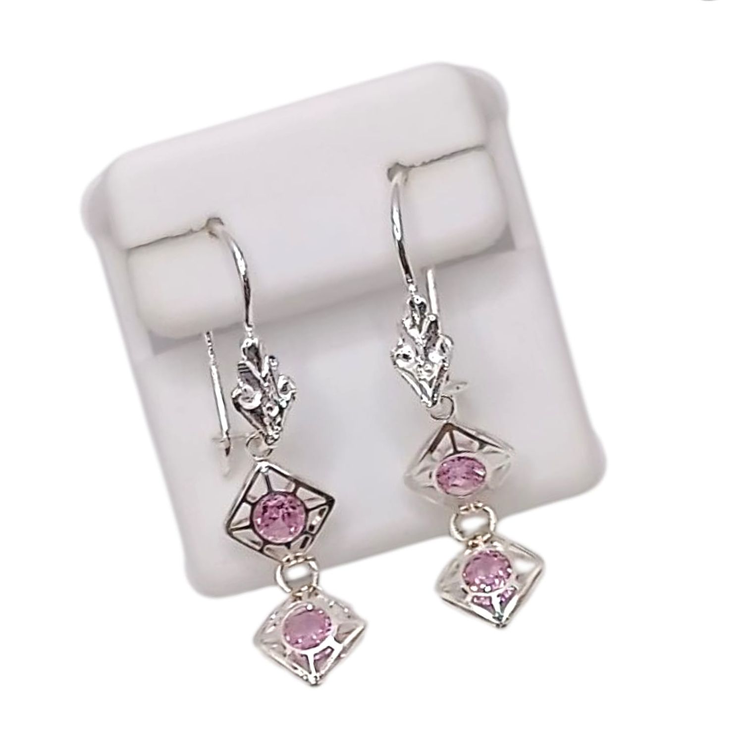 ARETE  ROMBOS CON CZ ROSA Y HOJA 4.5 CM PLATA .925