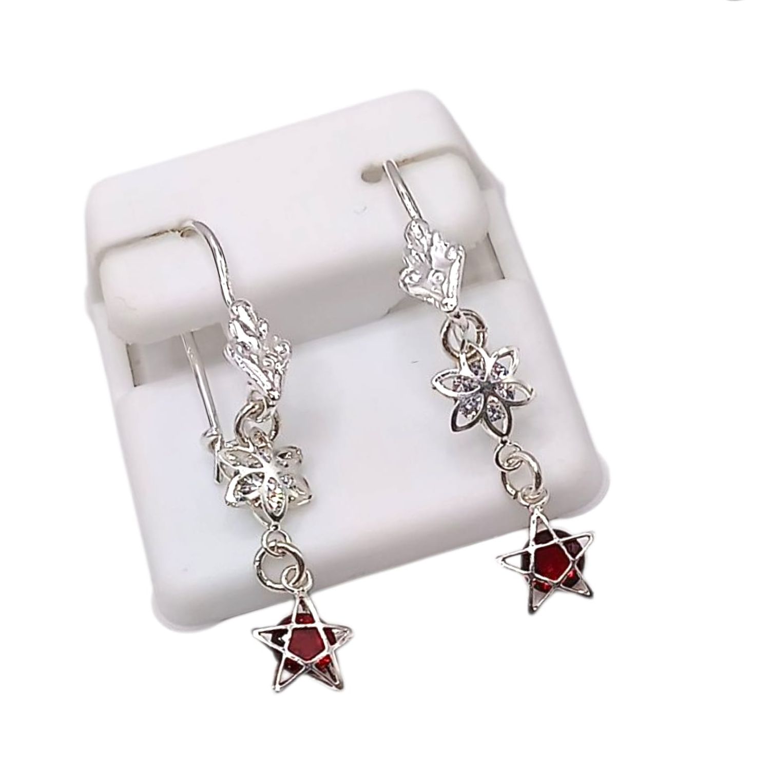 ARETE ESTRELLA CZ ROJA Y BCA 4 CM, PLATA .925