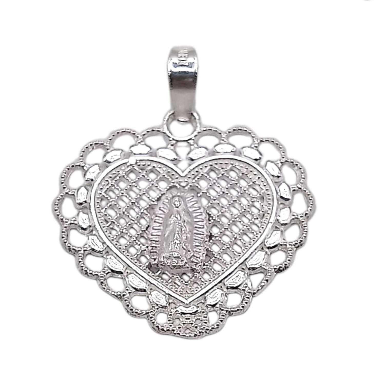 DIJE CORAZON  CON VIRGEN DE GPE, 2 CM, PLATA .925