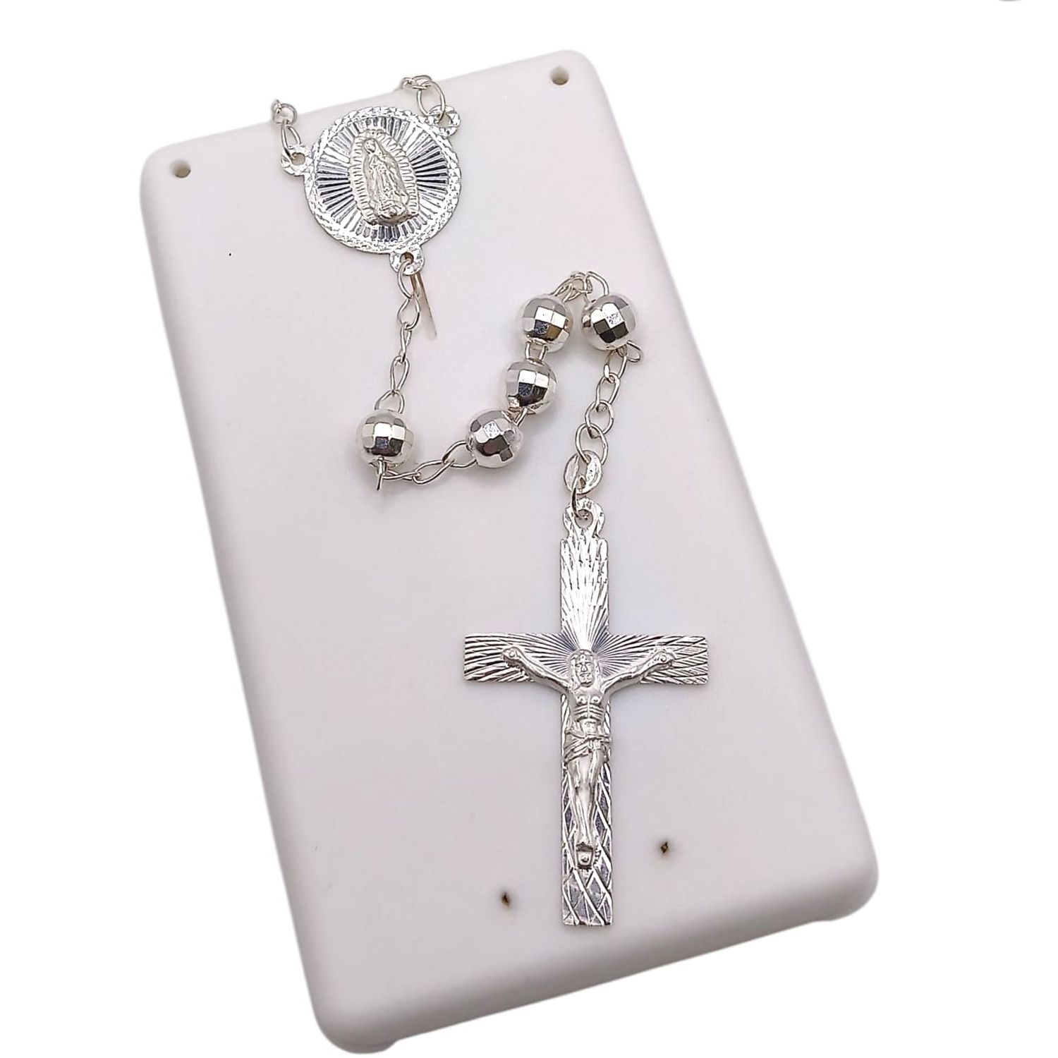 ROSARIO BOLA FACETADA 5.5 MM, 21&quot; VIRGEN DE GDLPE Y CRISTO FACETADO, PLATA .925