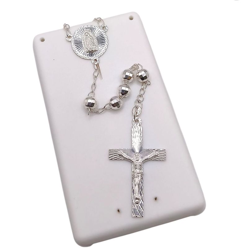 ROSARIO BOLA FACETADA 5.5 MM, 21" VIRGEN DE GDLPE Y CRISTO FACETADO, PLATA .925